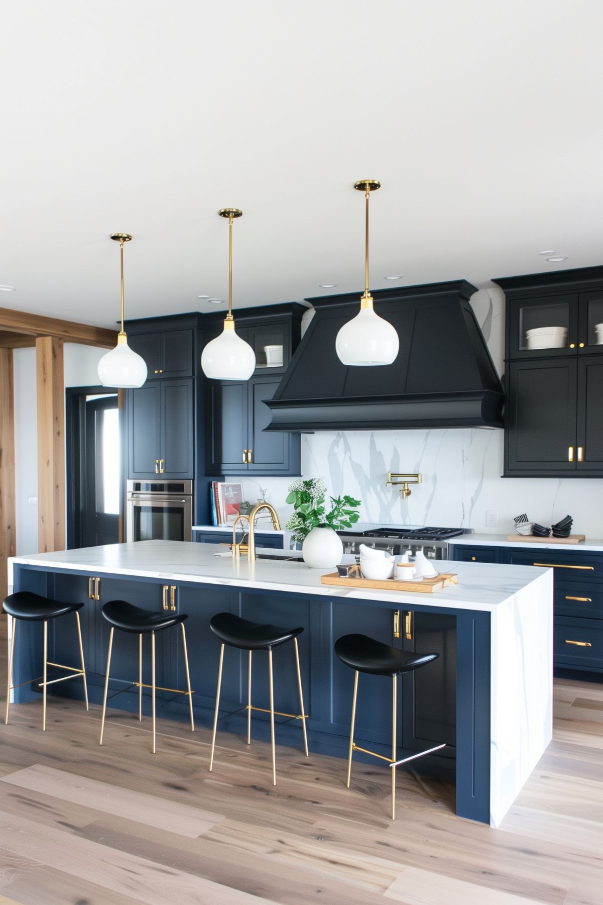 A modern navy blue kitchen featuring a large island with a white marble countertop. Sleek black barstools with gold legs complement the elegant brass fixtures throughout the space. Three globe pendant lights with brass accents hang above the island, adding a stylish touch. The kitchen also includes a statement range hood, marble backsplash, and light wood flooring, creating a sophisticated yet inviting atmosphere.