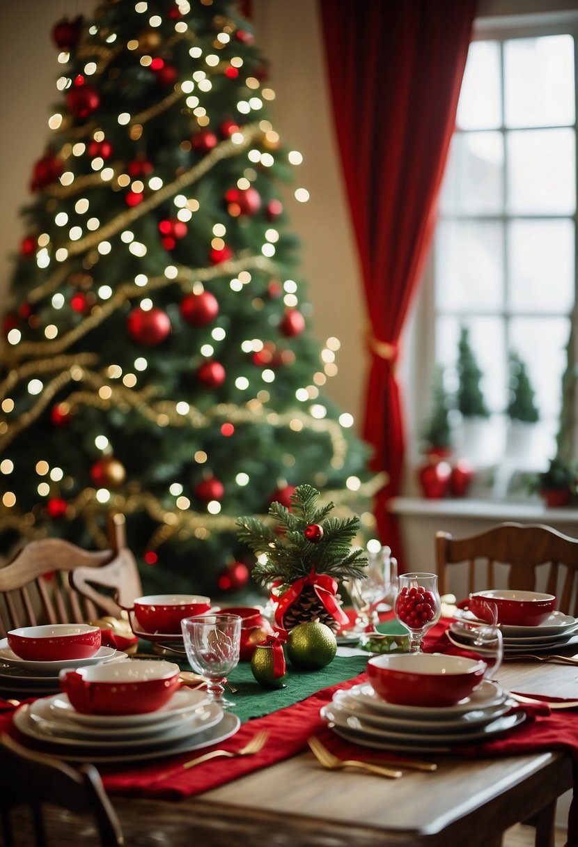 A cozy kitchen with festive red and green decor, twinkling lights, a decorated tree, and a table set for a holiday meal