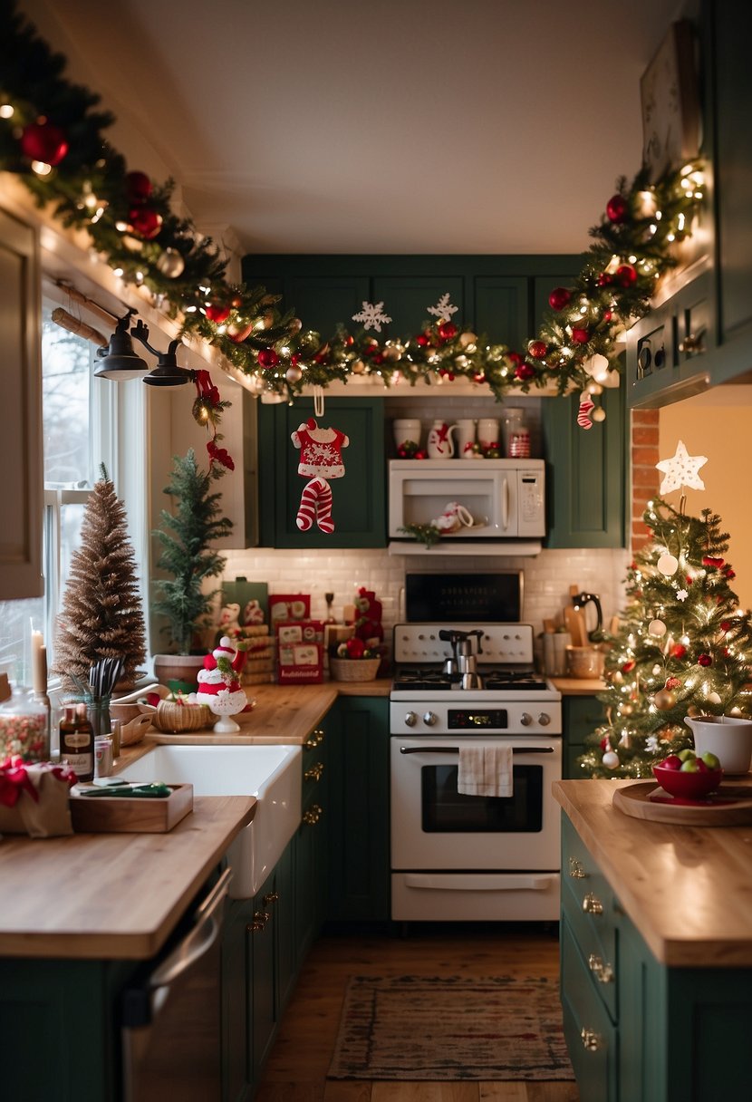 A cozy kitchen filled with homemade Christmas crafts and decorations. Festive wreaths, garlands, and gingerbread houses adorn the countertops and shelves