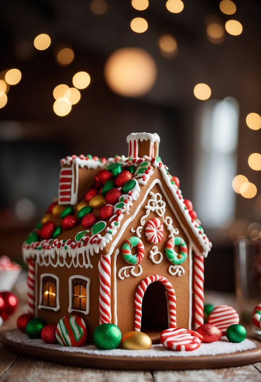 A festive kitchen with edible decor: gingerbread house centerpiece, candy cane garland, and cookie ornaments hanging from the ceiling