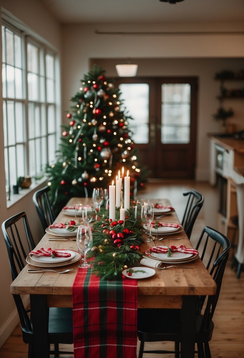 A festive kitchen with red and green decorations, a wreath on the window, and a cozy holiday-themed table setting