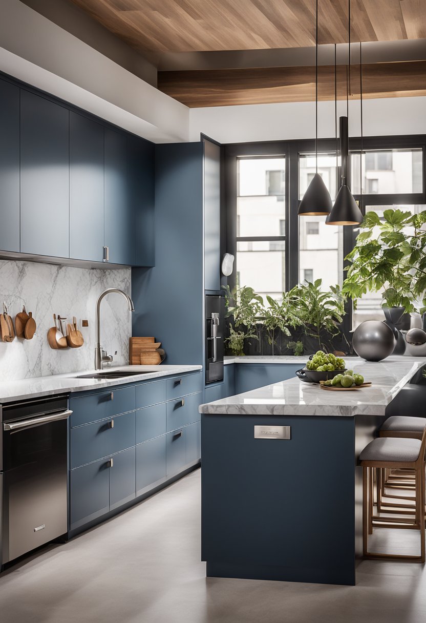 A modern kitchen with blue gray cabinets, white marble countertops, and stainless steel appliances. Natural light floods the space, highlighting the sleek, minimalist design