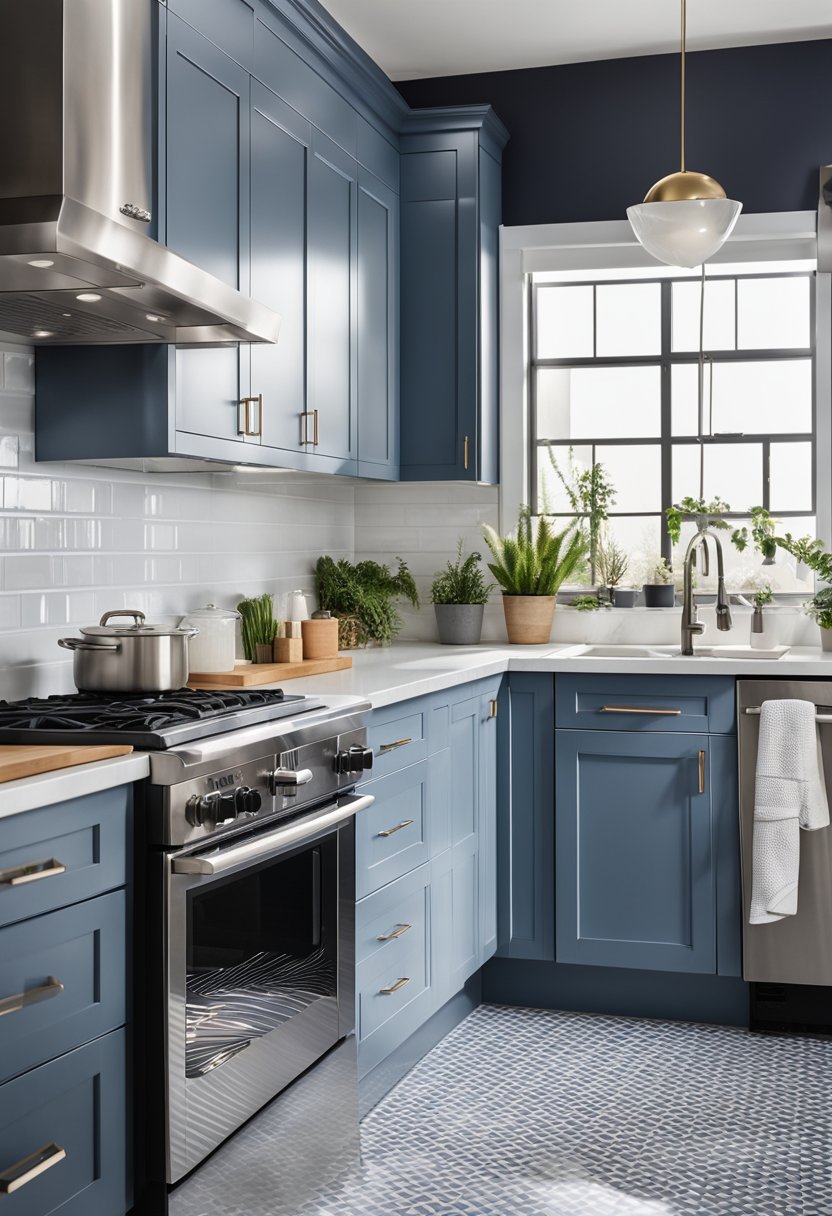 Blue gray kitchen cabinets with a glossy finish, set against a backdrop of white subway tiles and stainless steel appliances