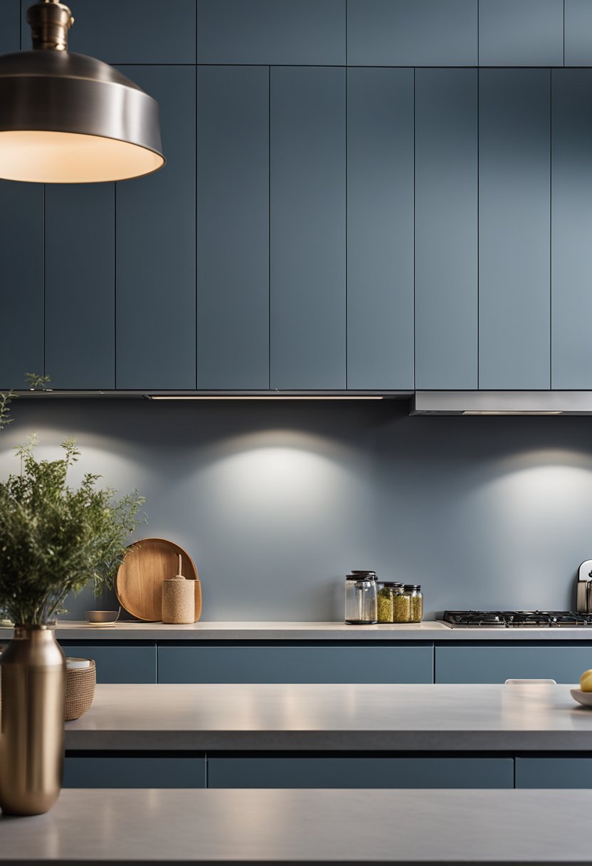 Soft, warm overhead lighting highlights the sleek, modern lines of blue gray kitchen cabinets