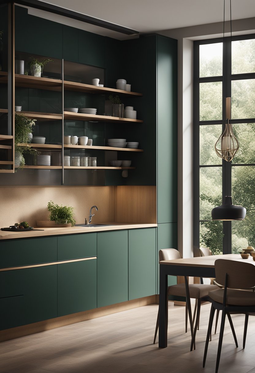 A modern kitchen with sleek, dark green cabinets, bathed in warm natural light from a large window, creating a cozy and inviting atmosphere