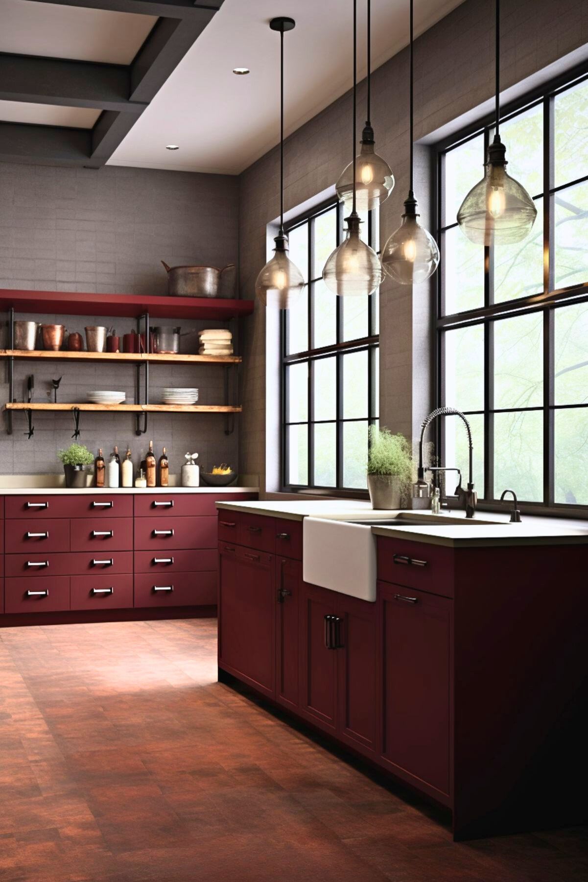 Modern kitchen with burgundy cabinets, large black-framed windows, farmhouse sink, open wooden shelves with metal brackets, industrial pendant lighting, and dark wood flooring.