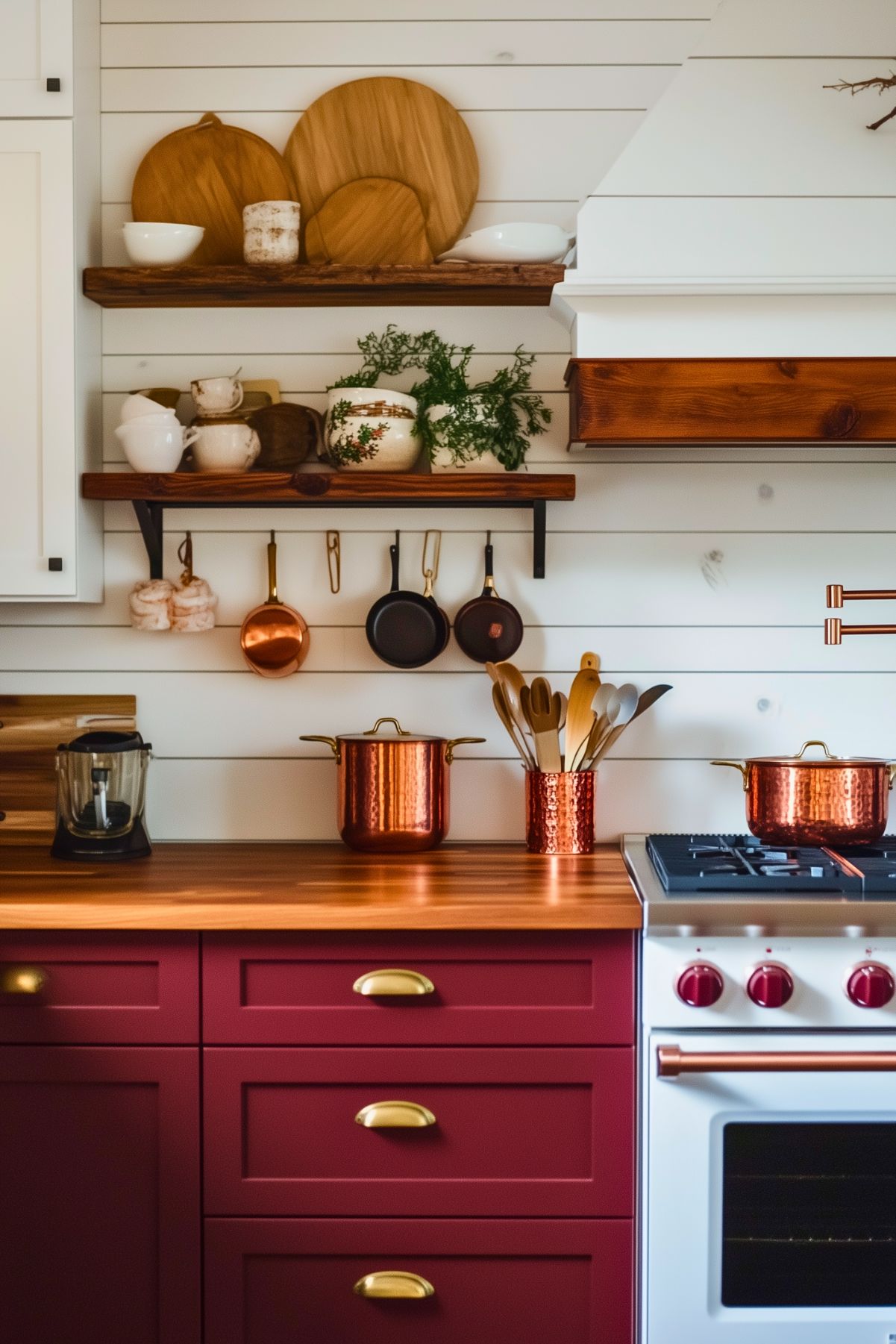 Farmhouse kitchen featuring burgundy cabinets with gold hardware, butcher block countertops, white shiplap walls, wooden open shelving, copper cookware, and a white gas range with red knobs.