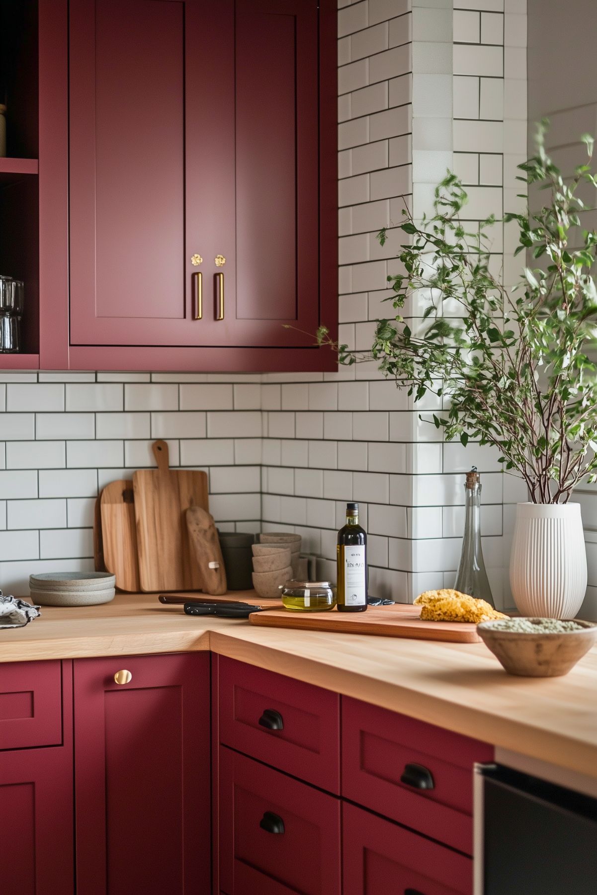 Corner kitchen view featuring burgundy cabinets with brass and black hardware, butcher block countertops, a white subway tile backsplash, wooden cutting boards, and a white vase with greenery.