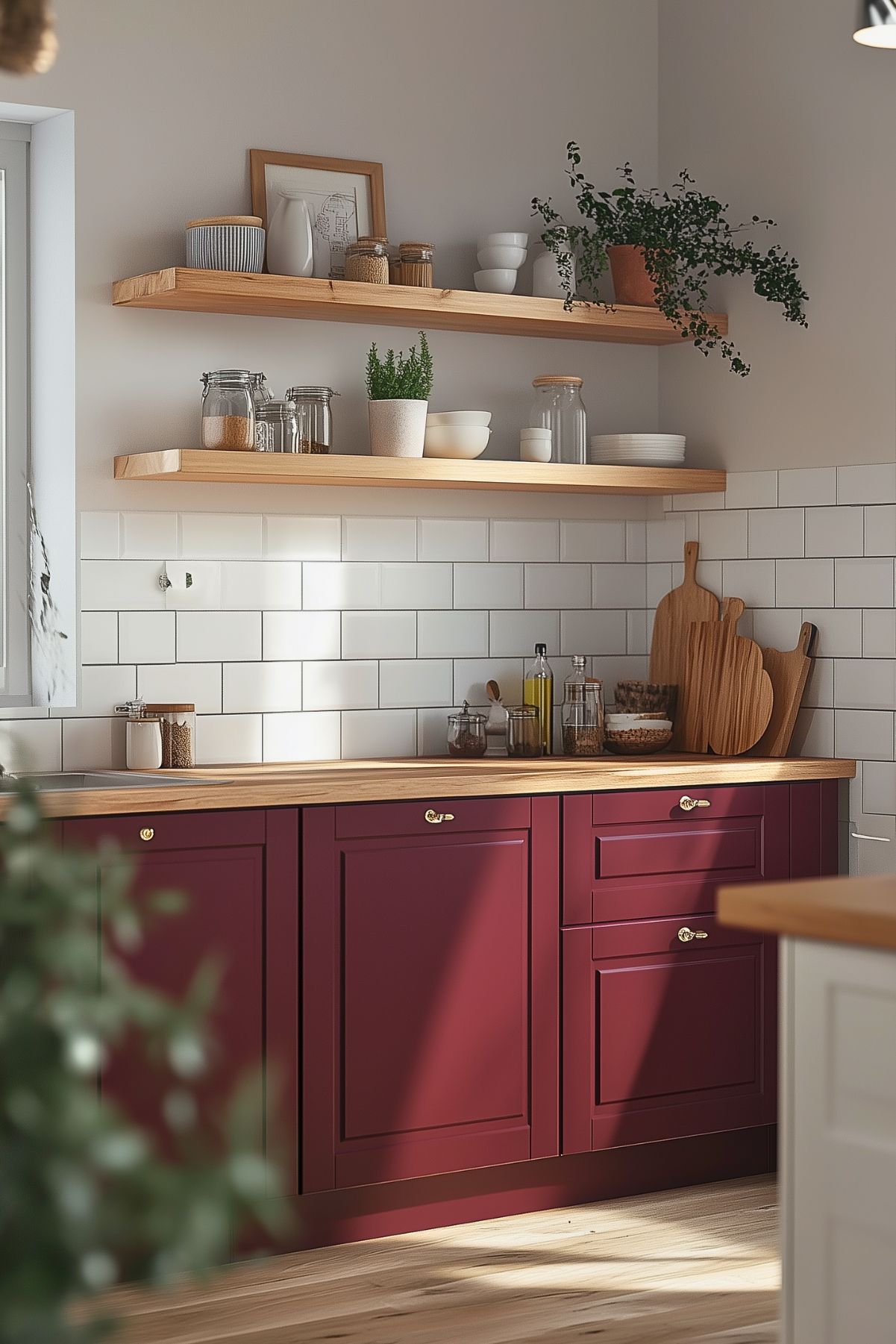 Cozy kitchen featuring burgundy cabinets with gold hardware, butcher block countertops, white subway tile backsplash, light wood floating shelves, and potted plants for a natural touch.