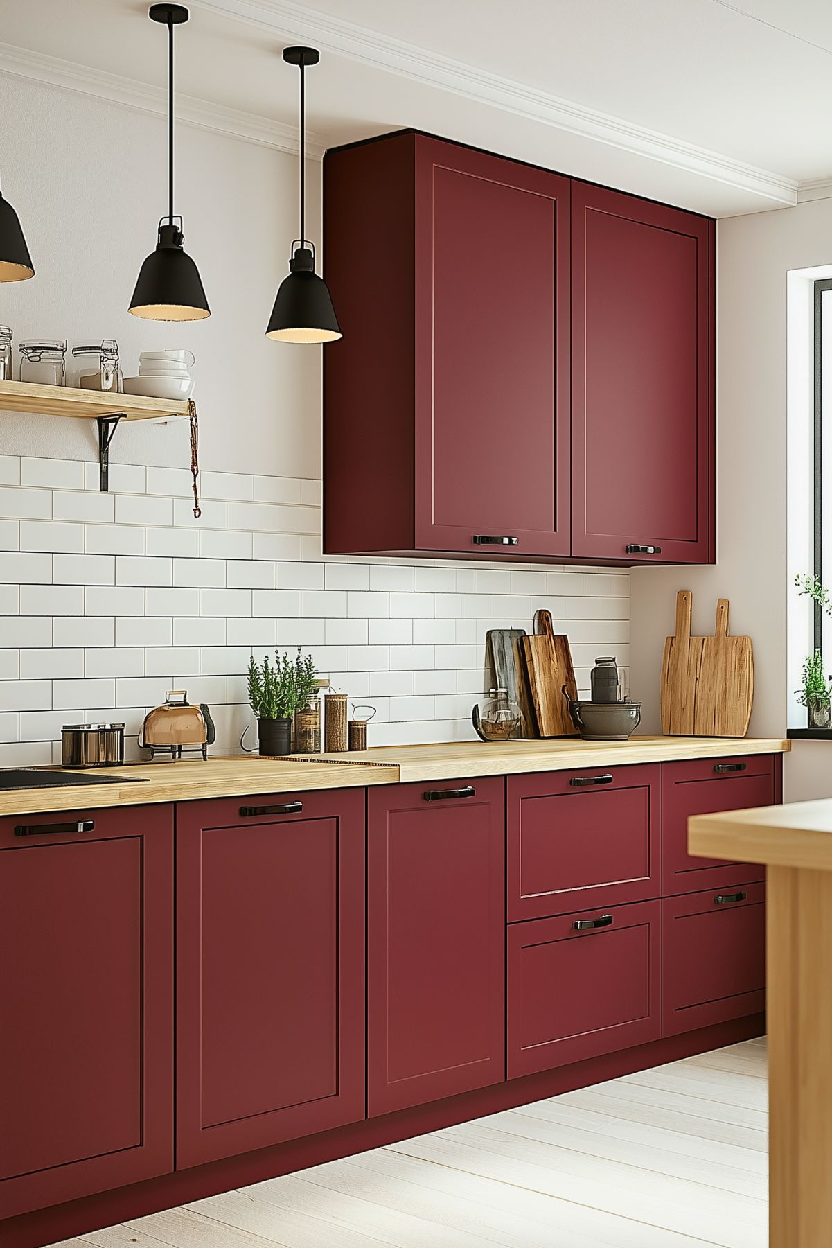 Minimalist kitchen featuring burgundy cabinets with black hardware, butcher block countertops, a white subway tile backsplash, black pendant lights, and wooden cutting boards.