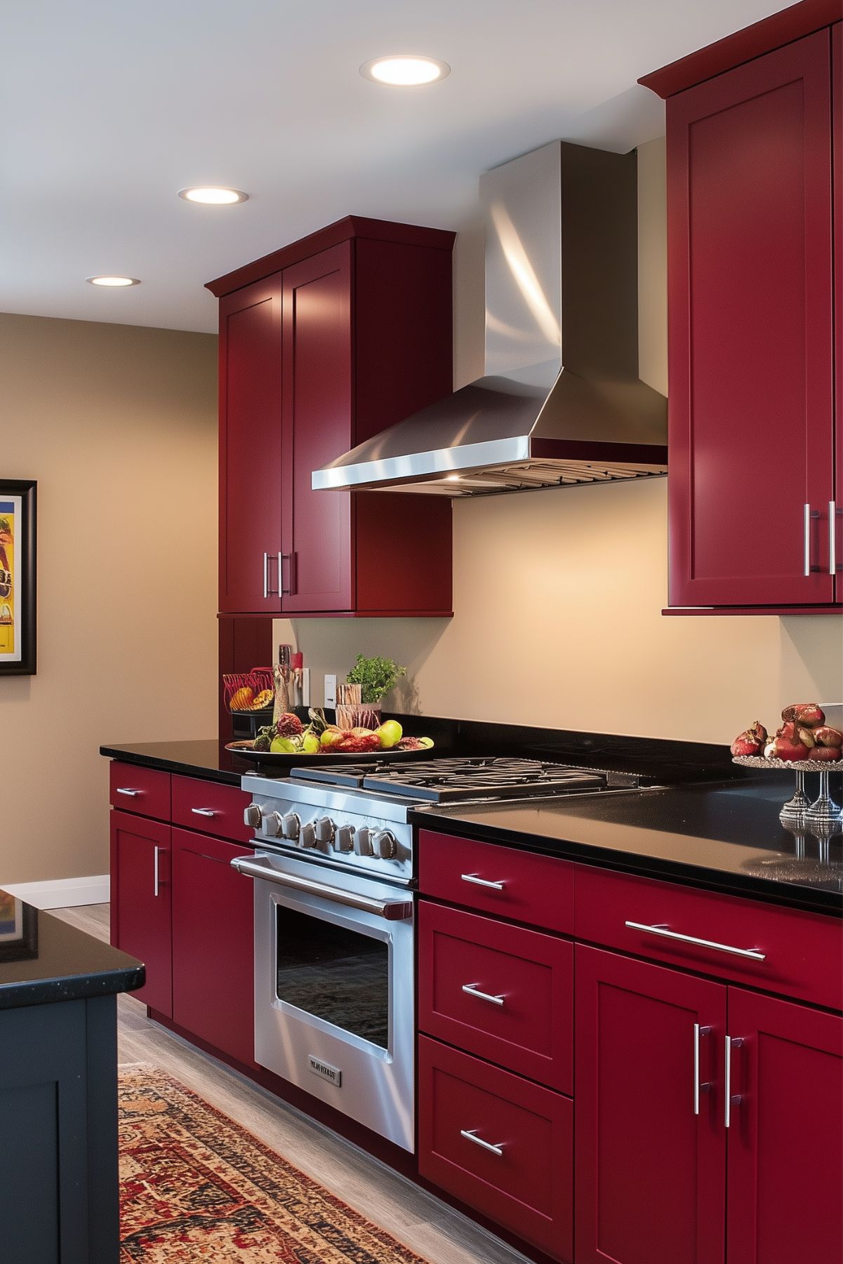 Modern kitchen featuring burgundy cabinets with sleek silver hardware, black granite countertops, a stainless steel range hood, and recessed lighting.