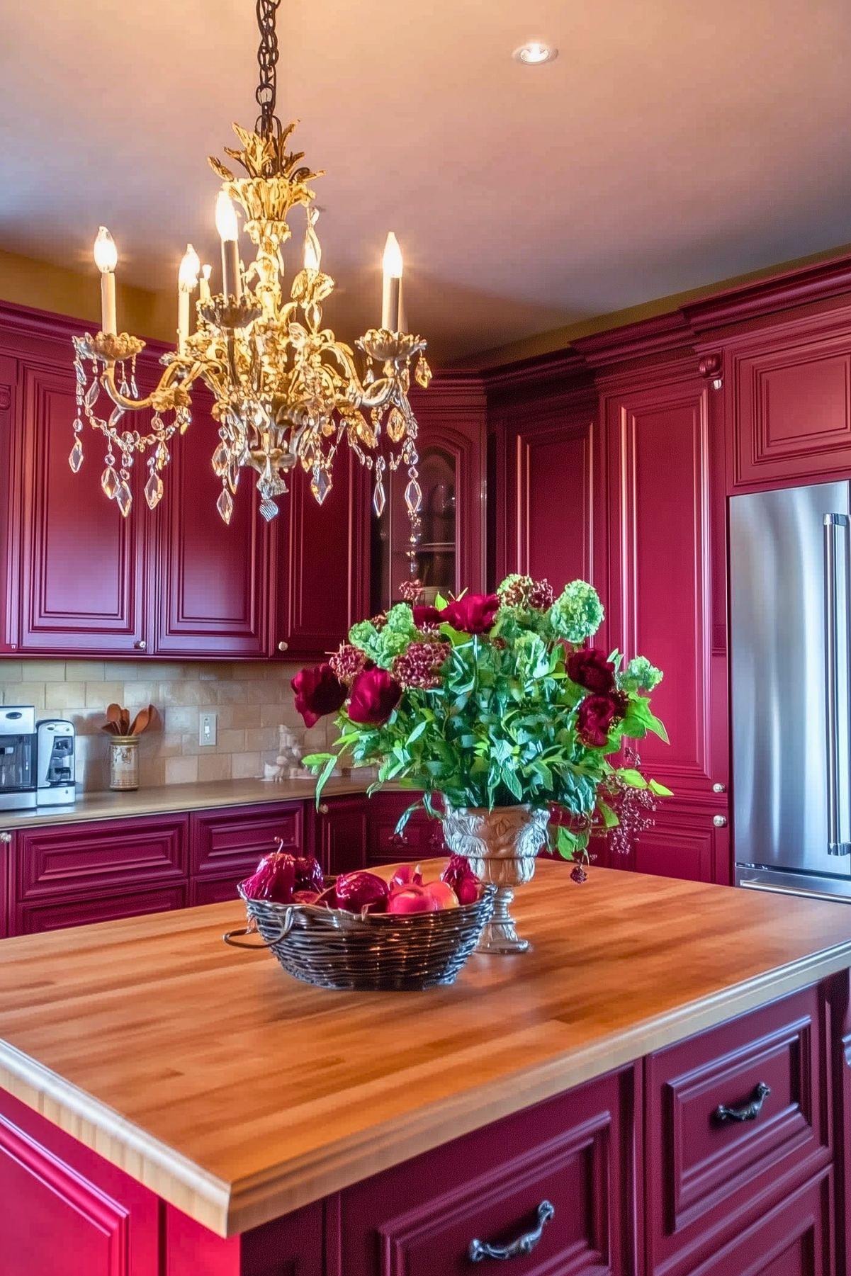 Traditional kitchen featuring burgundy cabinets with intricate detailing, a butcher block island, a crystal chandelier, and a vase of flowers paired with a fruit bowl.