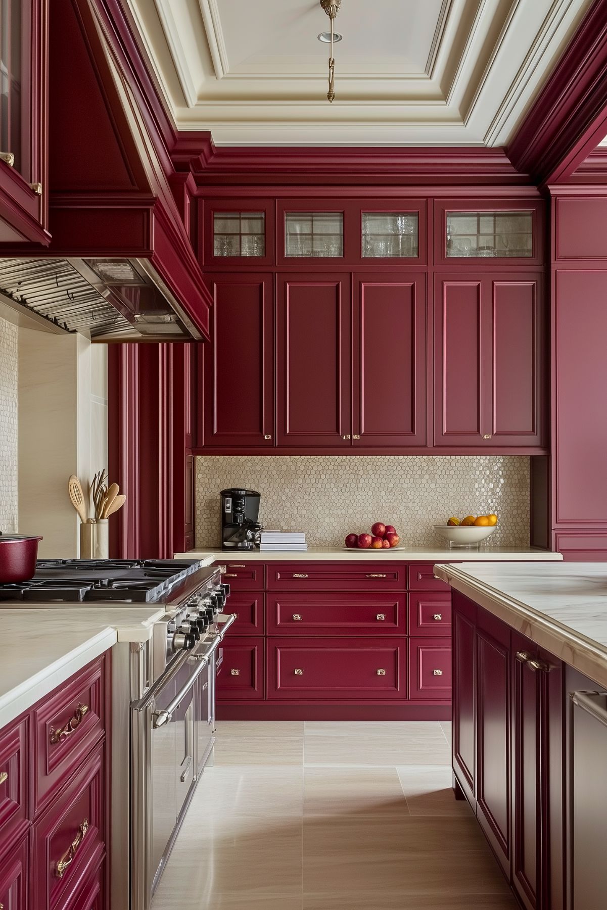 Luxurious kitchen featuring burgundy cabinets with detailed molding, glass-front upper cabinets, marble countertops, a mosaic tile backsplash, and a stainless steel stove.