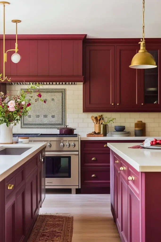 Burgundy kitchen featuring shaker-style cabinets, brass hardware, white quartz countertops, subway tile backsplash, a stainless steel oven, and gold pendant lighting.