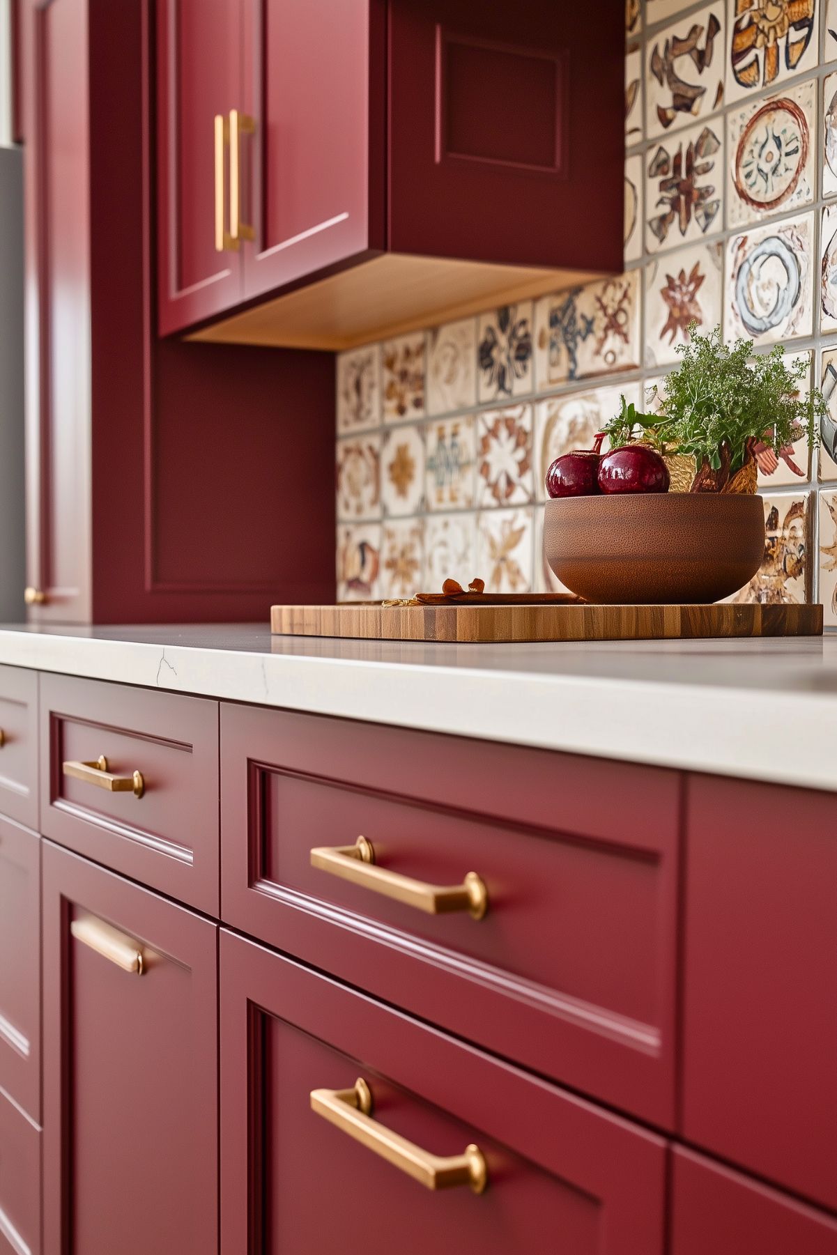 Close-up of burgundy kitchen cabinets with gold hardware, a white quartz countertop, and a patterned tile backsplash featuring intricate designs. A cutting board with pomegranates and herbs sits on the counter.