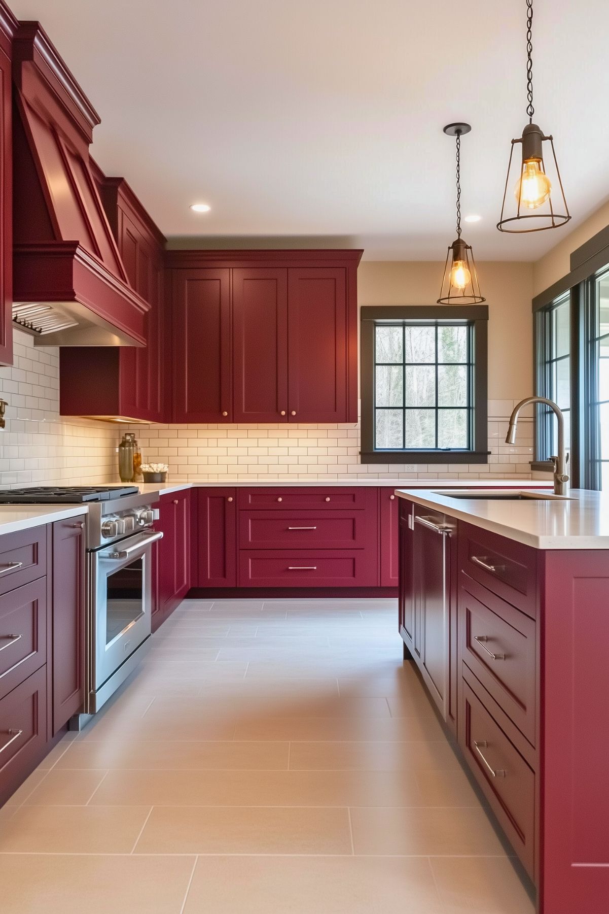 Transitional kitchen featuring burgundy shaker cabinets, white quartz countertops, a subway tile backsplash, stainless steel appliances, and pendant lights with exposed bulbs.