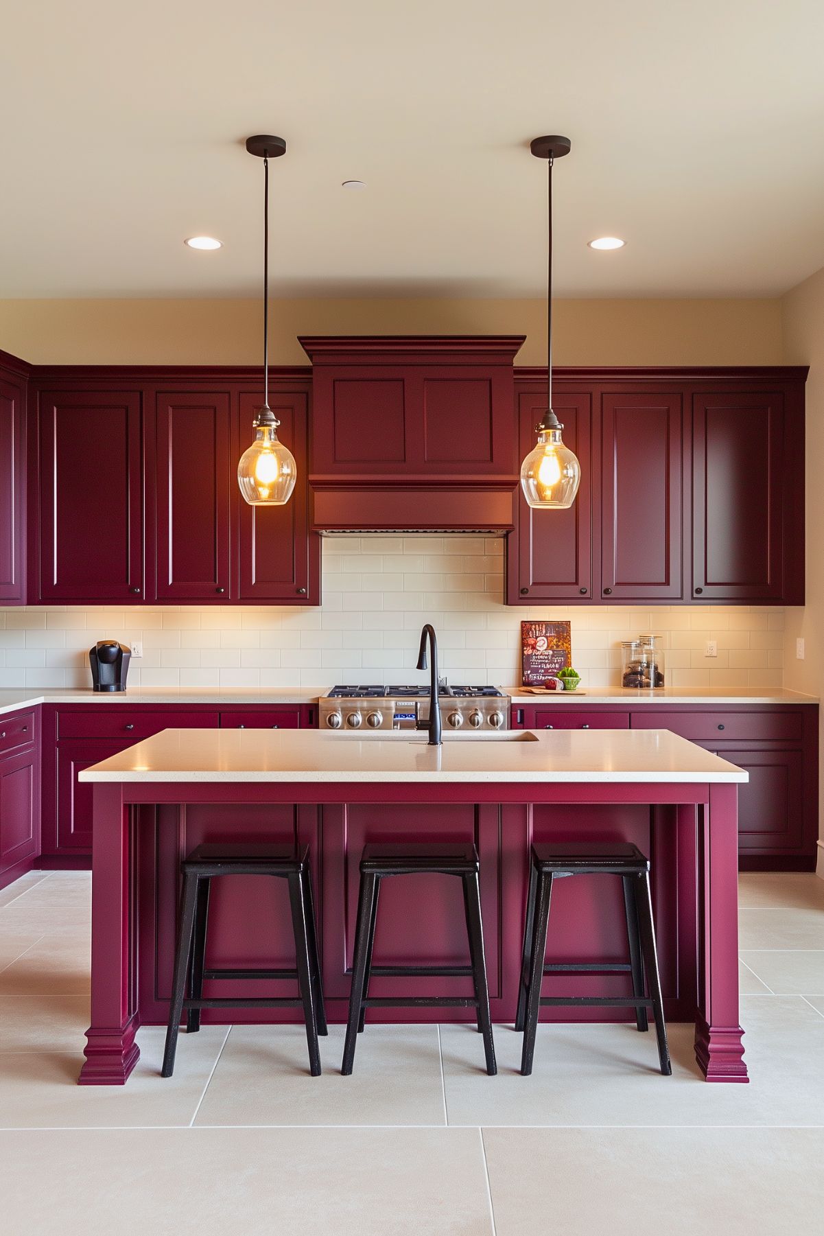 Traditional kitchen featuring burgundy cabinets and a matching island, white quartz countertops, a subway tile backsplash, glass pendant lights, and black bar stools.