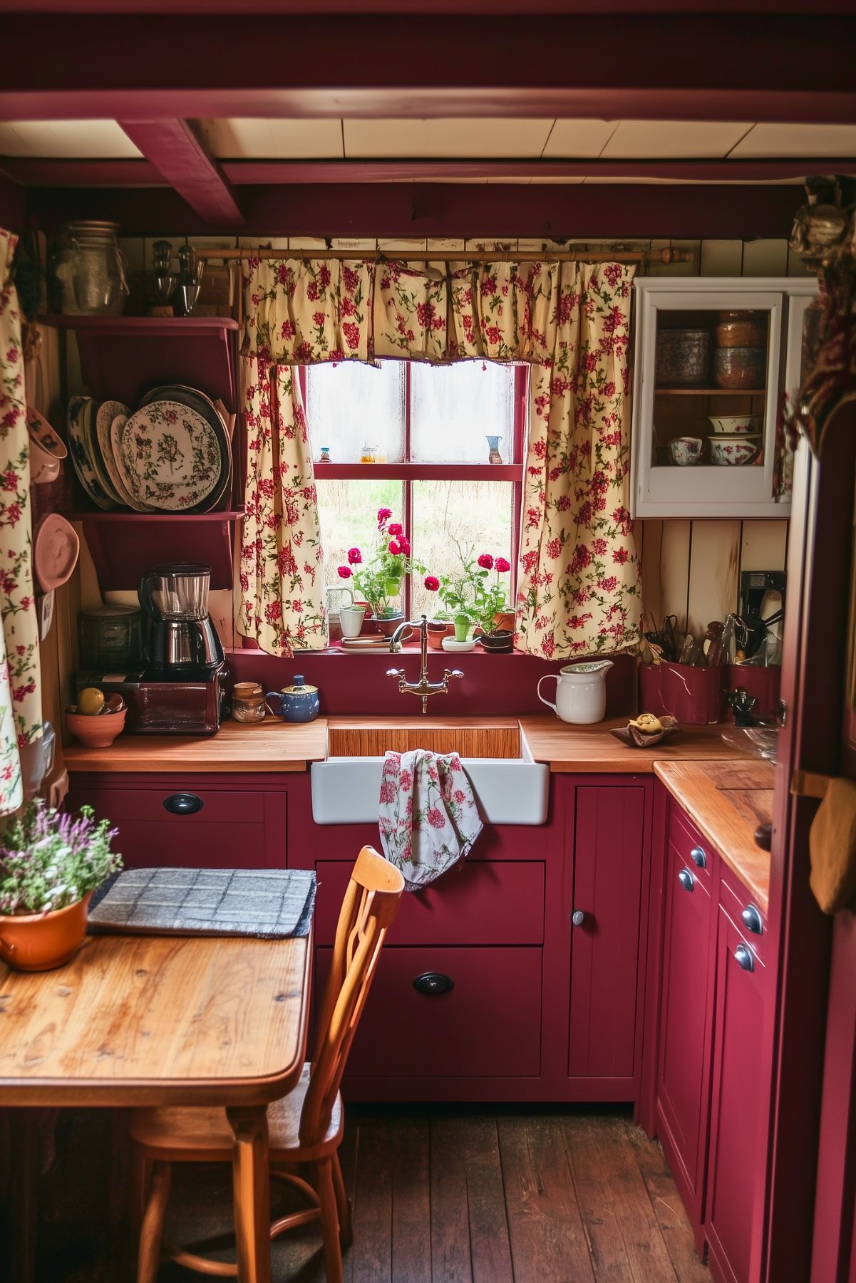 Cottage-style kitchen featuring burgundy cabinets, butcher block countertops, a farmhouse sink, floral curtains, potted plants on the windowsill, and a small wooden dining table with chairs.