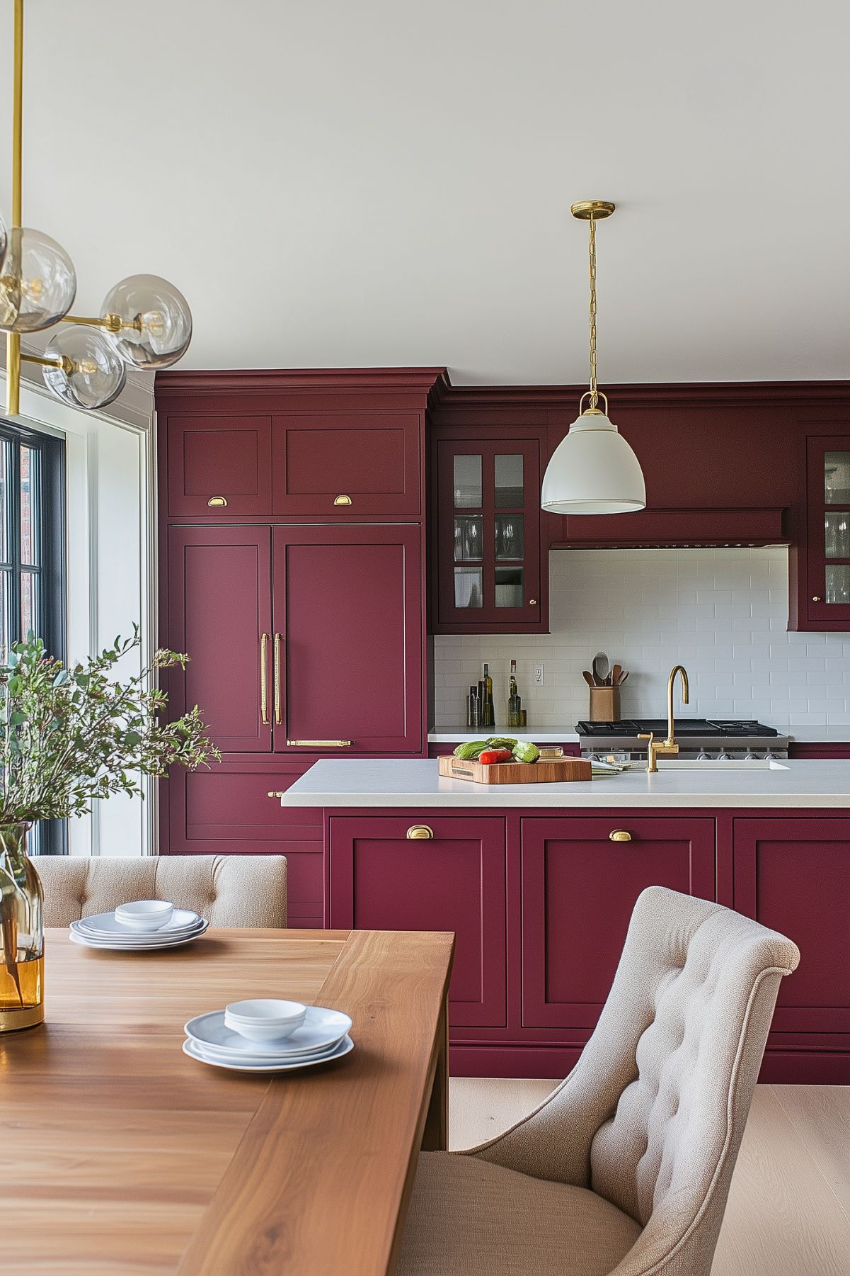 Elegant kitchen featuring burgundy cabinets with gold hardware, a white quartz countertop, a white subway tile backsplash, a wooden dining table, upholstered chairs, and modern pendant lighting.