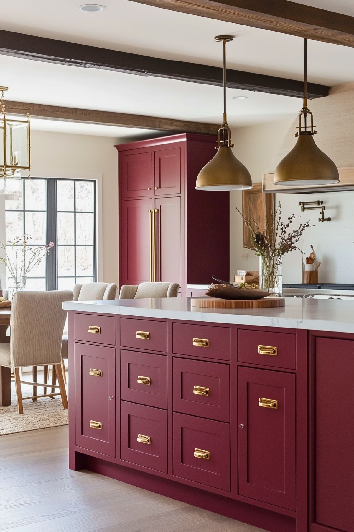 Open-concept kitchen featuring a burgundy island with gold cup pulls, a matching cabinet with integrated appliances, white quartz countertops, brass pendant lights, and upholstered dining chairs.