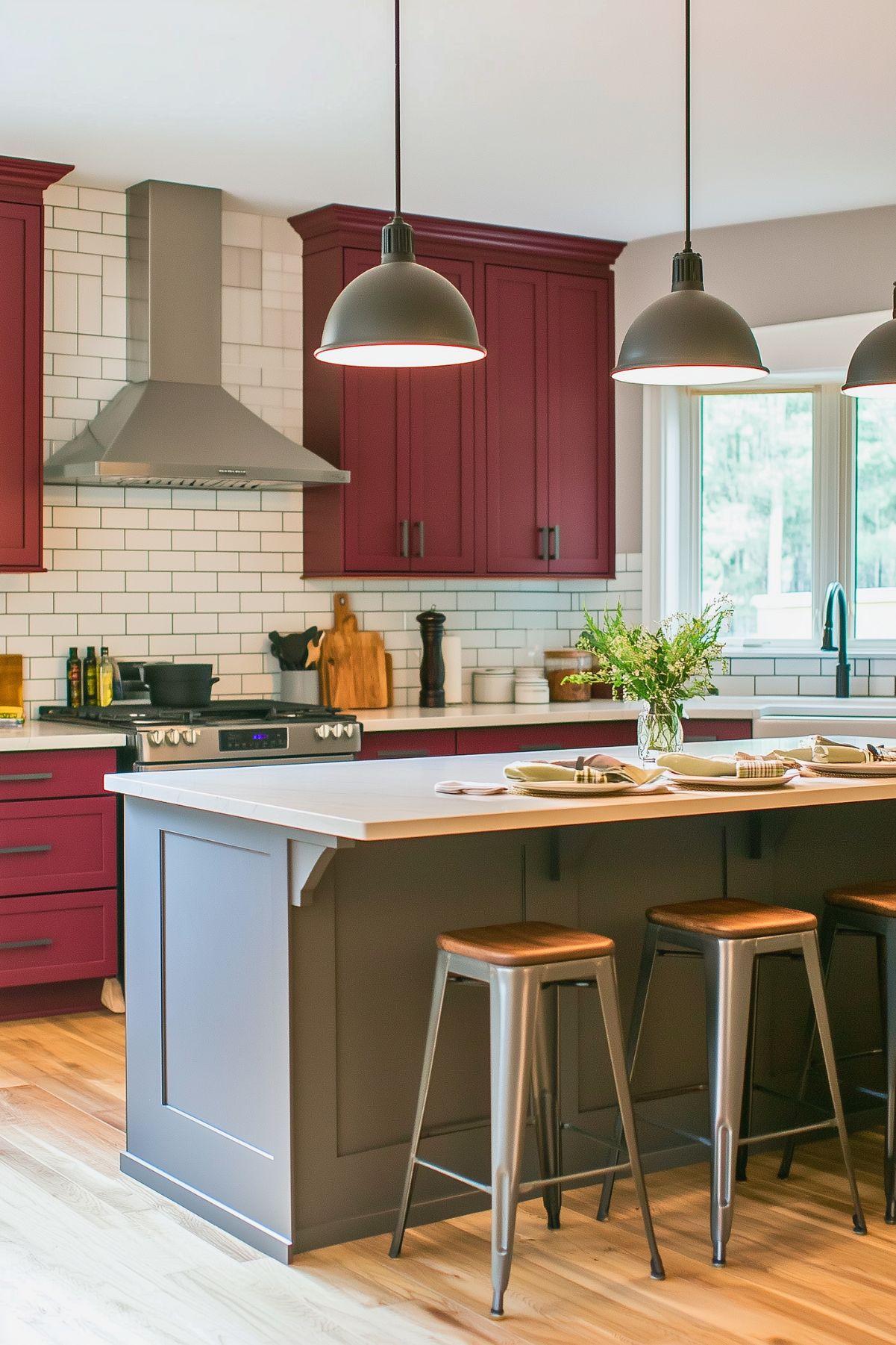 Modern kitchen featuring burgundy cabinets, white subway tile backsplash, a stainless steel range hood, a gray island with white countertop, black pendant lights, and metal bar stools with wooden seats.