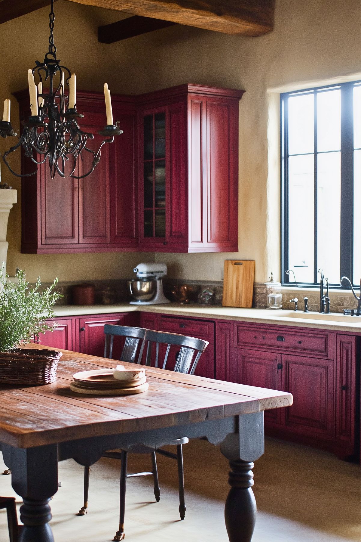 Rustic kitchen featuring burgundy cabinets, a wooden dining table with black chairs, wrought iron chandelier, stone backsplash, beige countertops, and a black-framed window.