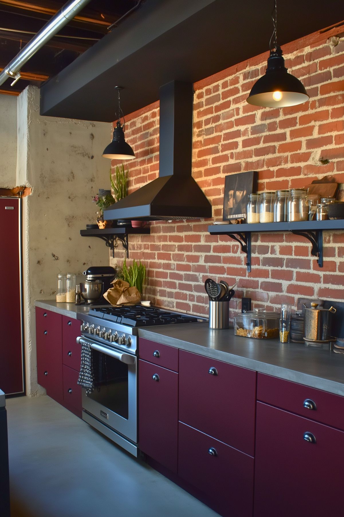 Industrial kitchen featuring burgundy cabinets with stainless steel countertops, a brick backsplash, black open shelving, a black range hood, and exposed pendant lighting.