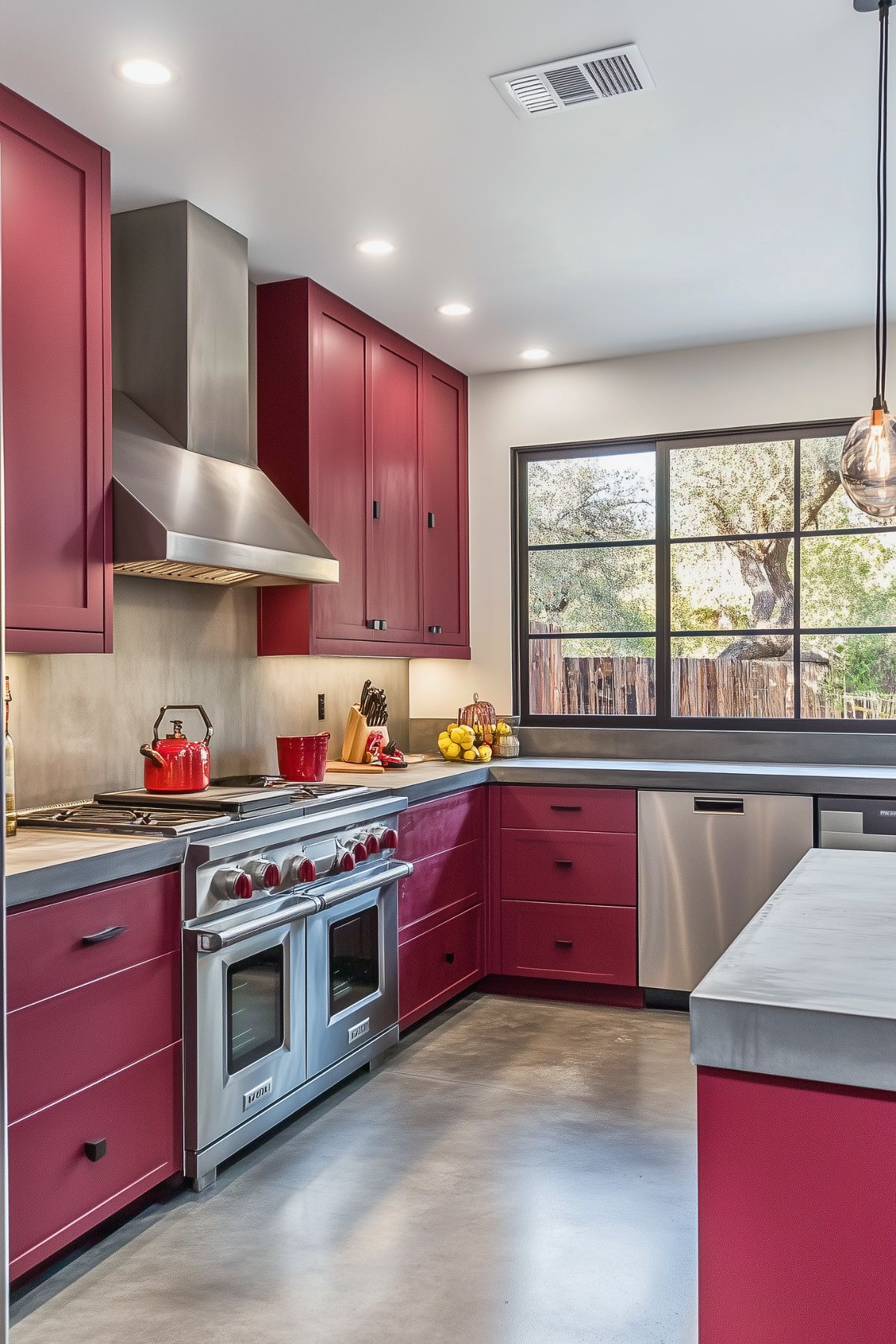 Contemporary kitchen featuring burgundy cabinets, stainless steel countertops and appliances, a large black-framed window, a concrete floor, and recessed ceiling lighting.