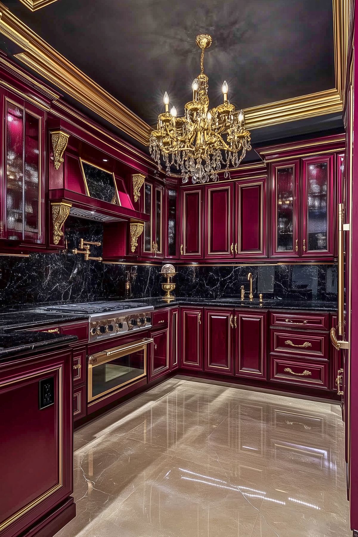 Opulent kitchen featuring burgundy cabinets with gold accents, black marble countertops and backsplash, a crystal chandelier, ornate molding, and polished marble flooring.