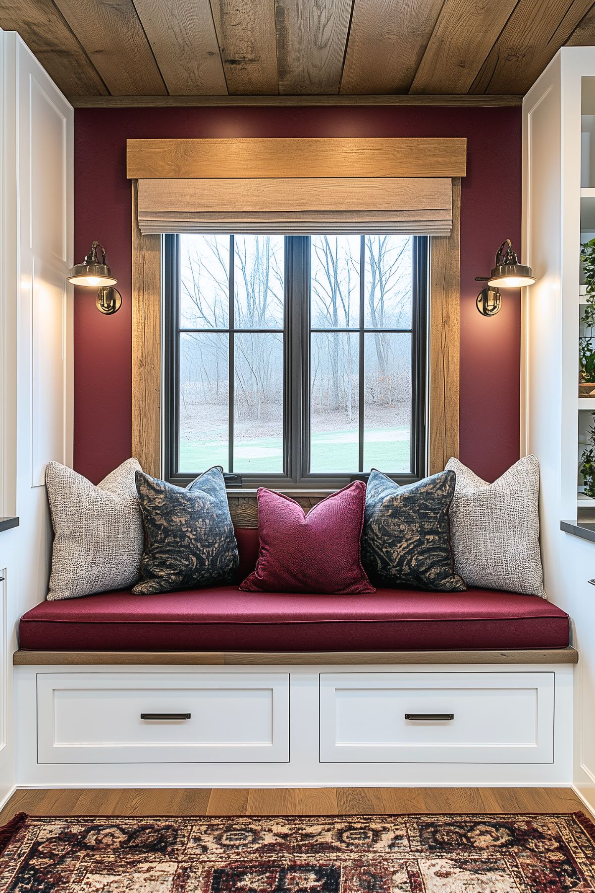 Cozy window seat with burgundy cushion, decorative pillows, wood-framed black windows, warm wall sconces, and a patterned rug. The seating area is surrounded by white cabinetry and has a wood-paneled ceiling.