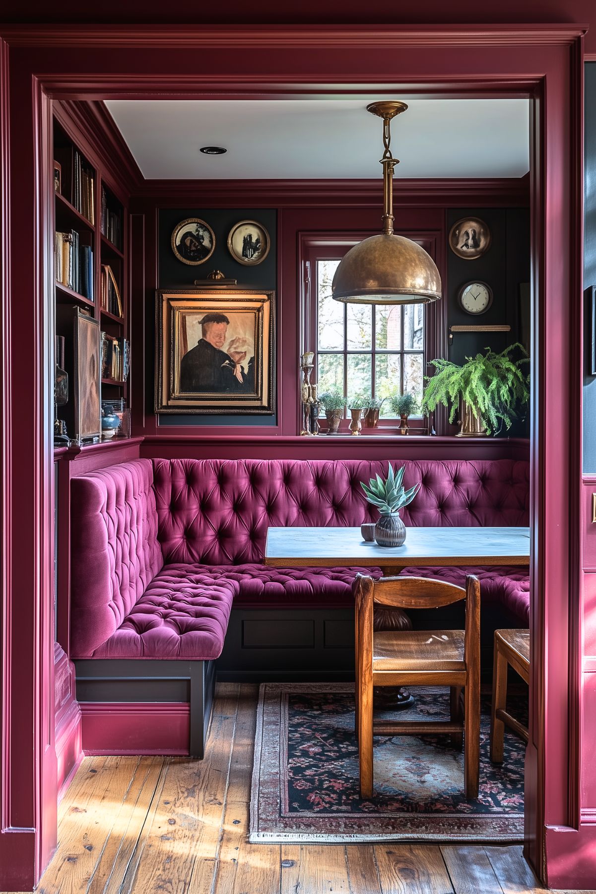 Elegant dining nook with burgundy tufted banquette seating, a marble-top table, wood chairs, and warm wood flooring. The walls are adorned with artwork and decorative frames, and a large brass pendant light hangs above the table.