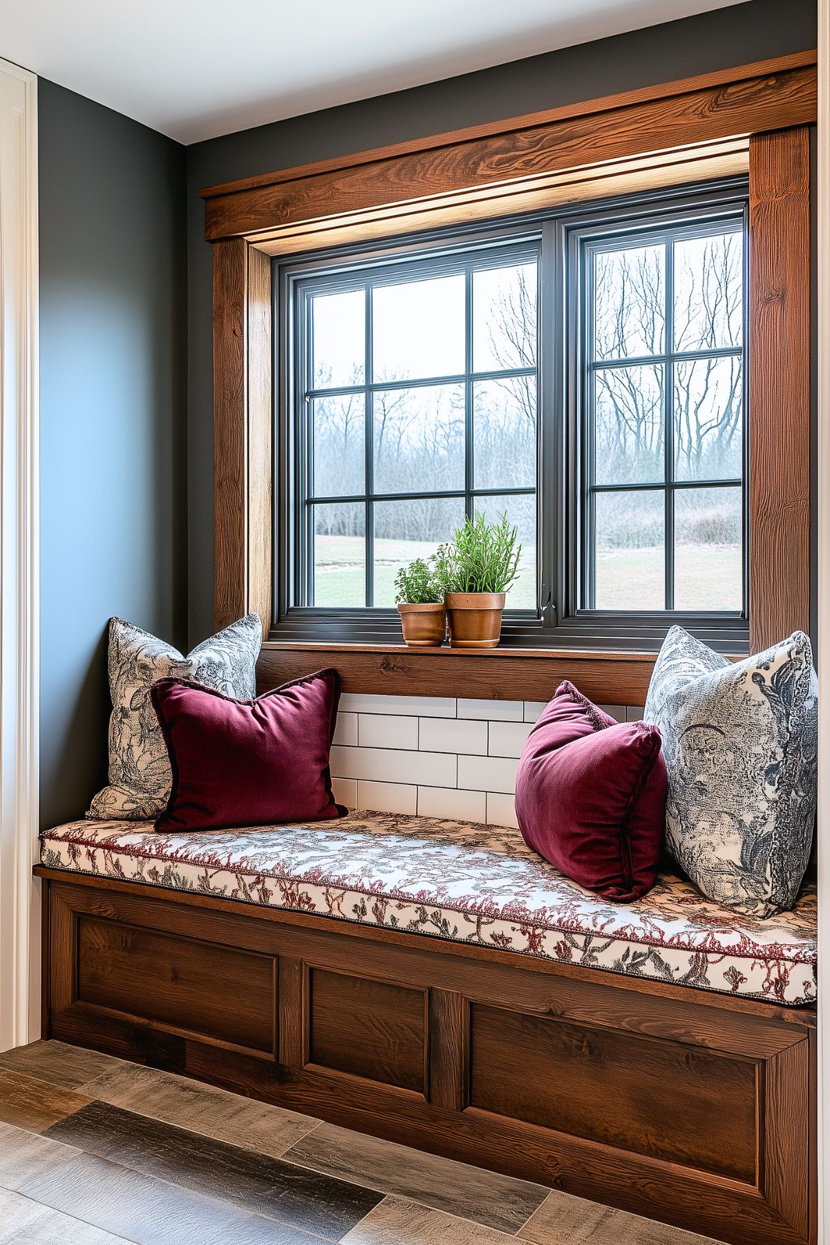 Cozy window seat with a patterned cushion, burgundy accent pillows, dark wood framing, black-framed windows, and subway tile backsplash. The seat is adorned with potted plants and sits in a warm, inviting space with tile flooring.