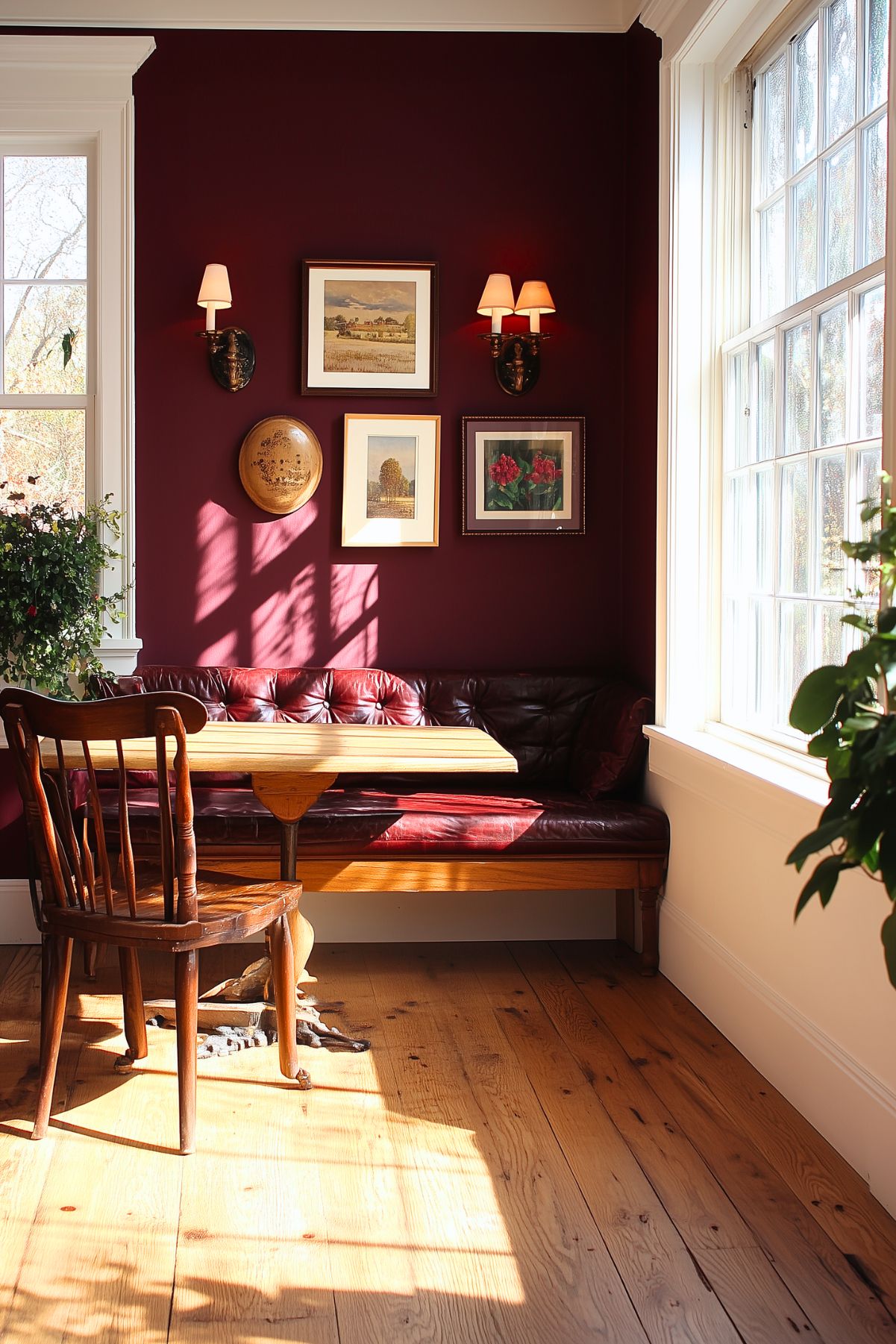 Sunlit breakfast nook with burgundy walls, leather bench seating, wooden table and chair, and framed artwork on the wall. The space features warm wood flooring and is illuminated by natural light from a large window.