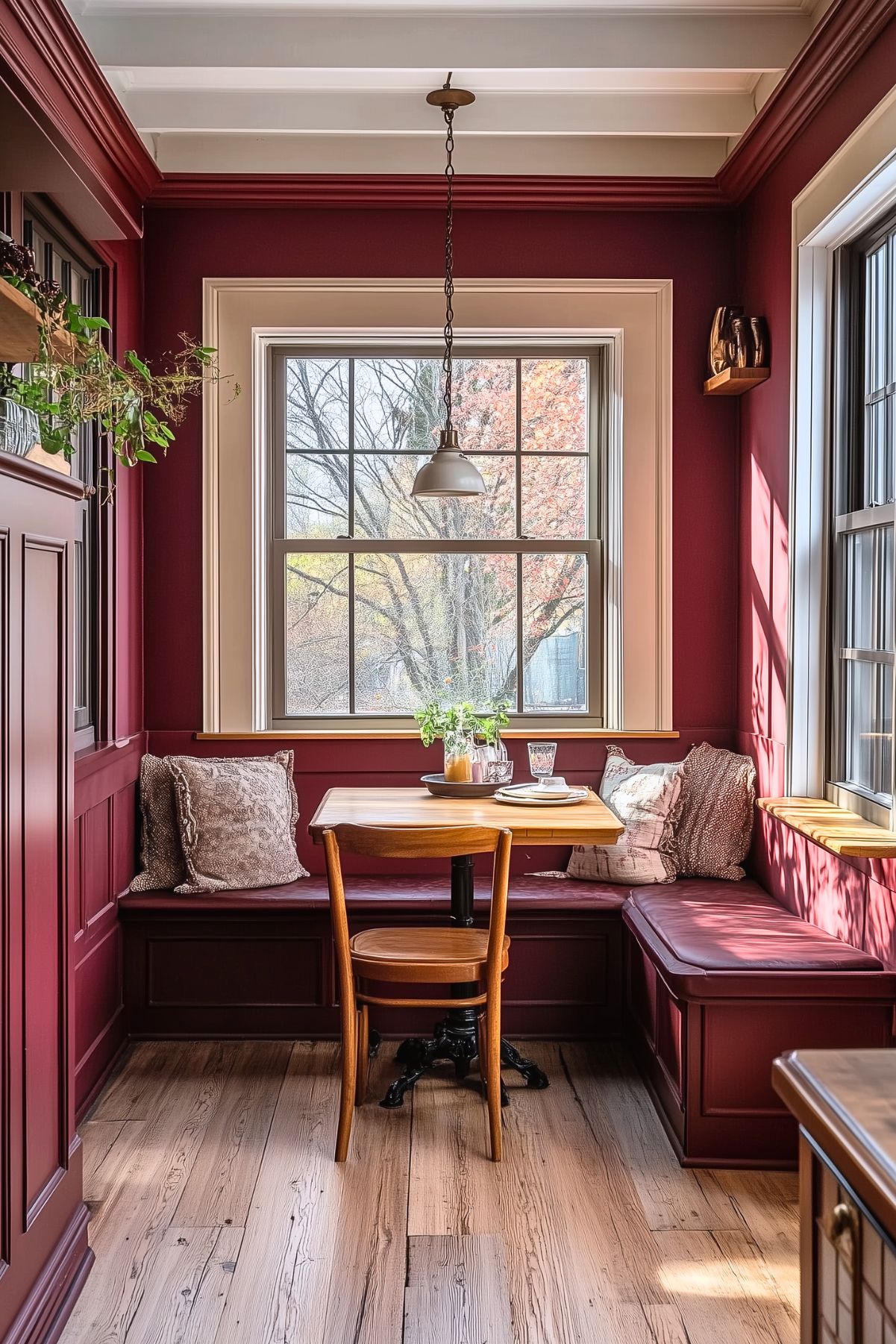 Charming breakfast nook with burgundy walls, built-in bench seating, decorative pillows, a wooden table and chair, and large windows allowing natural light. The space includes a hanging pendant light and warm wood flooring.