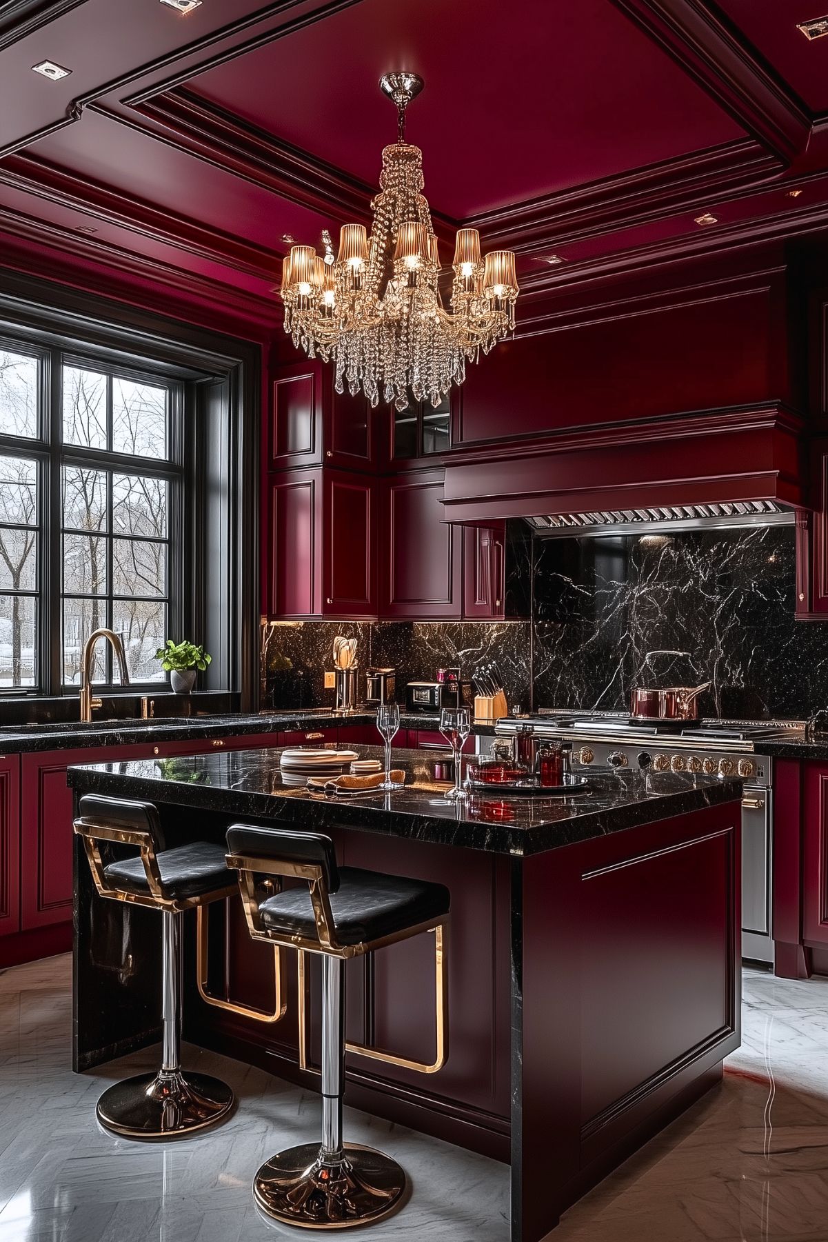 Luxurious kitchen with burgundy cabinetry, black marble countertops and backsplash, a crystal chandelier, high-end stainless steel appliances, and an island with black and gold bar stools. The room has large black-framed windows and elegant detailing throughout.