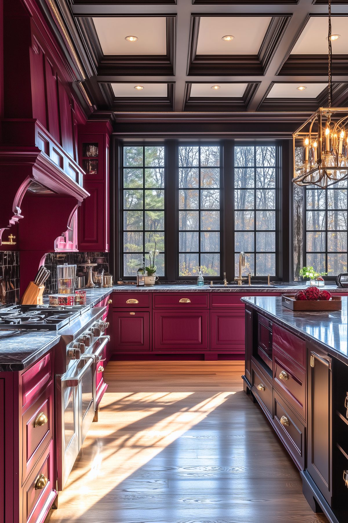 Elegant kitchen with burgundy cabinets, black marble countertops, coffered ceiling with black trim, large black-framed windows, stainless steel appliances, and a central island with gold accents. The room is filled with natural light, highlighting the luxurious finishes.