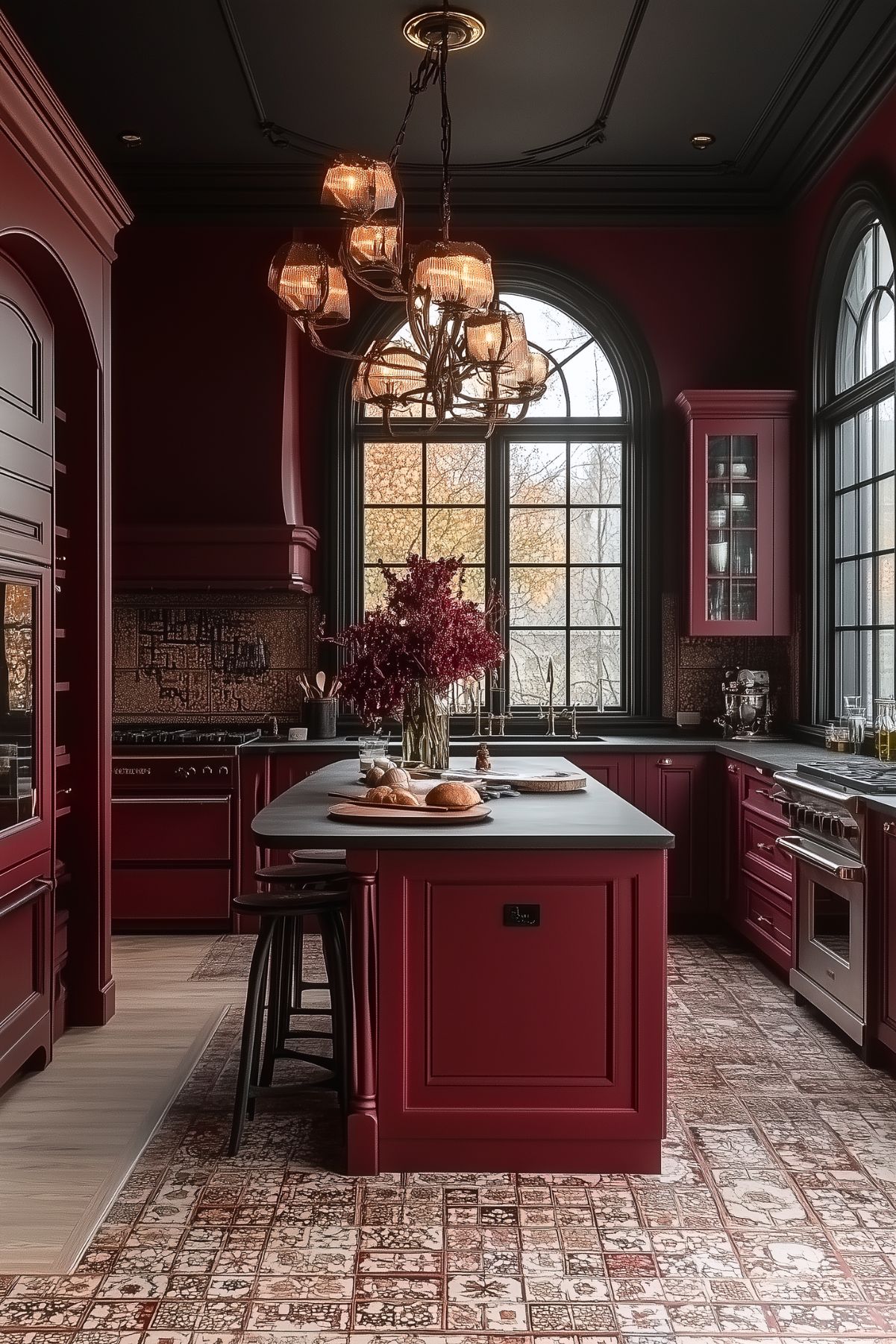 Dramatic kitchen with burgundy cabinetry, large arched windows, patterned tile flooring, and a central island with black countertop and bar stools. A unique chandelier adds warmth to the space, complemented by dark walls and intricate backsplash detailing.