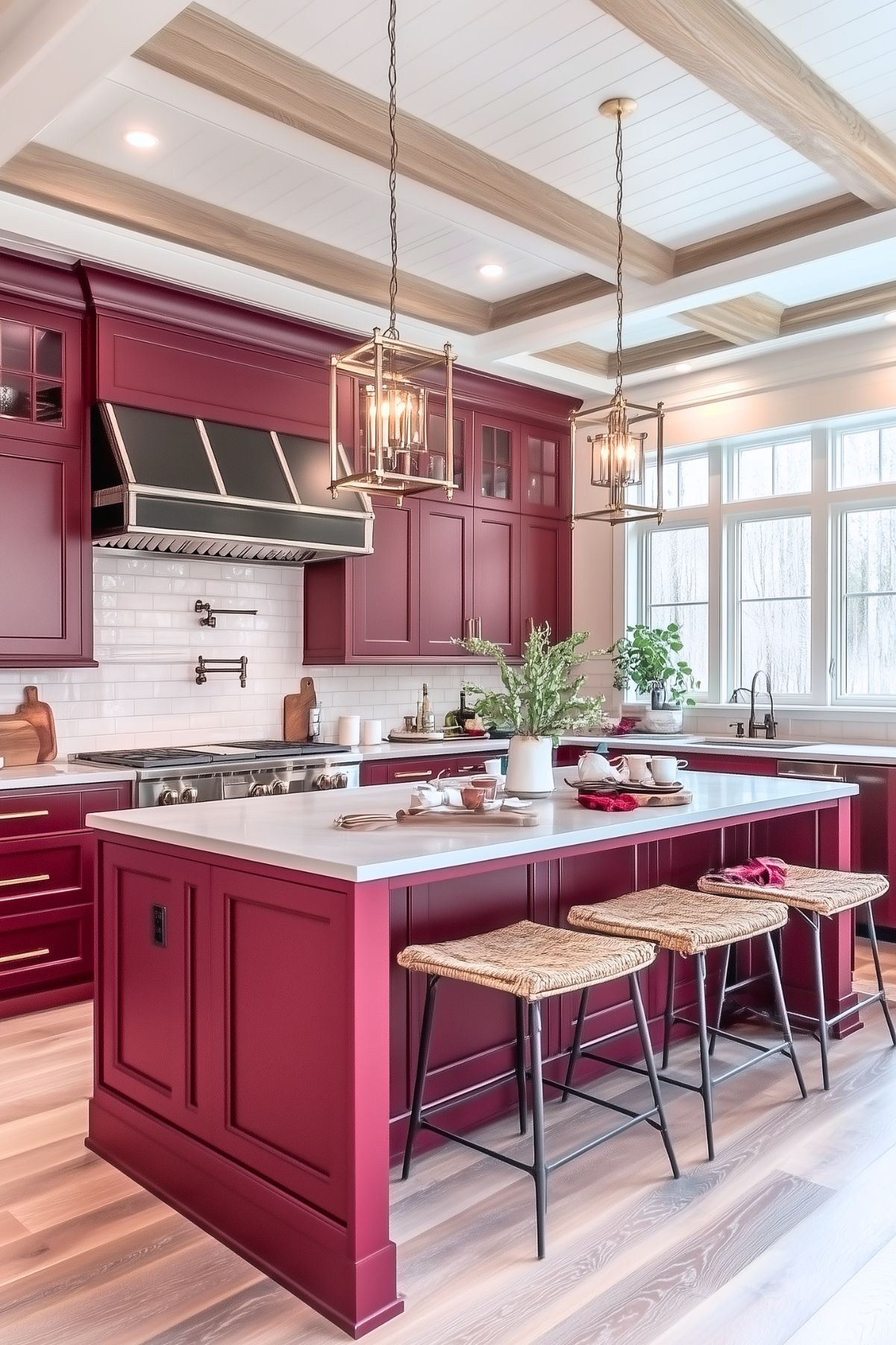 Bright kitchen with burgundy cabinetry, white countertops, coffered ceiling with wood accents, large island with wicker stools, pendant lighting, and a white subway tile backsplash. The space is filled with natural light from large windows, creating an airy, inviting atmosphere.