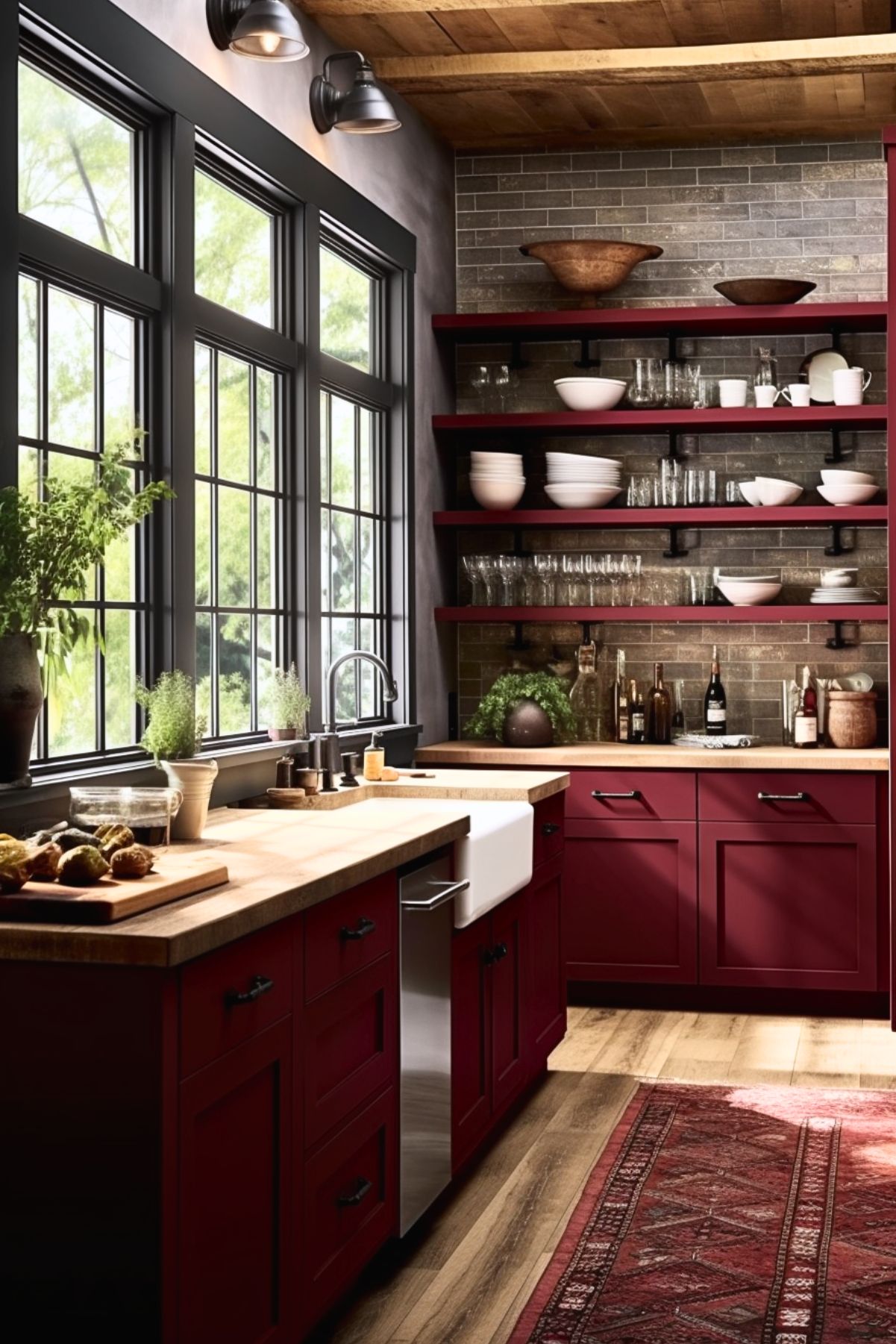 Rustic kitchen with burgundy cabinets, open shelving with dishes and glassware, farmhouse sink, butcher block countertops, large black-framed windows, and a patterned rug on wooden flooring.