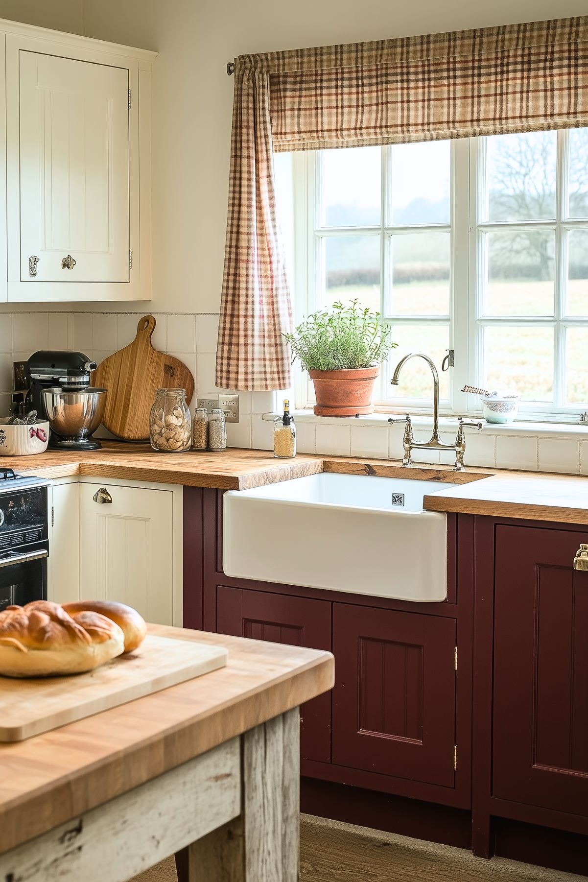 Charming farmhouse kitchen with burgundy lower cabinets, cream upper cabinets, butcher block countertops, a farmhouse sink, and a plaid curtain over a large window. The countertop is decorated with a potted plant, cutting boards, and jars, adding to the cozy, rustic feel.