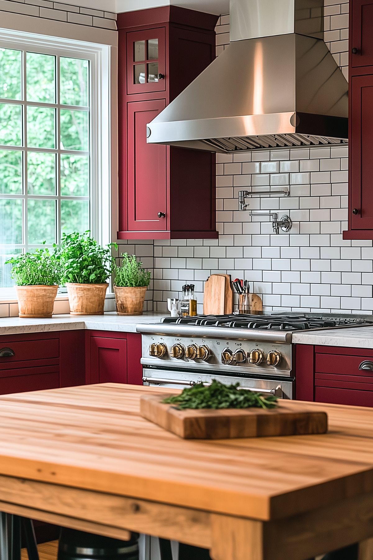 Modern kitchen with burgundy cabinets, stainless steel range and hood, white subway tile backsplash, and a butcher block island. The countertop features potted herbs and wooden cutting boards, creating a fresh and inviting atmosphere.