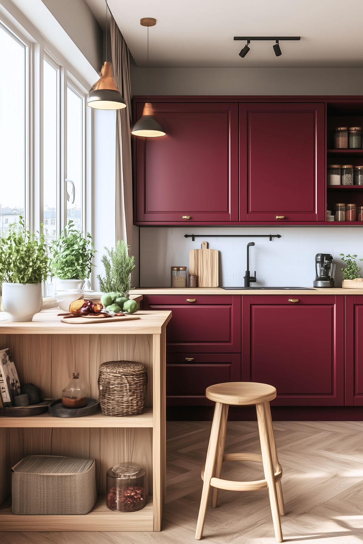 Minimalist kitchen with burgundy cabinets, light wood open shelving, potted herbs, and a small wooden island with a stool. The room features pendant lighting, a sleek black faucet, and a chevron-patterned wood floor, creating a warm, modern aesthetic.