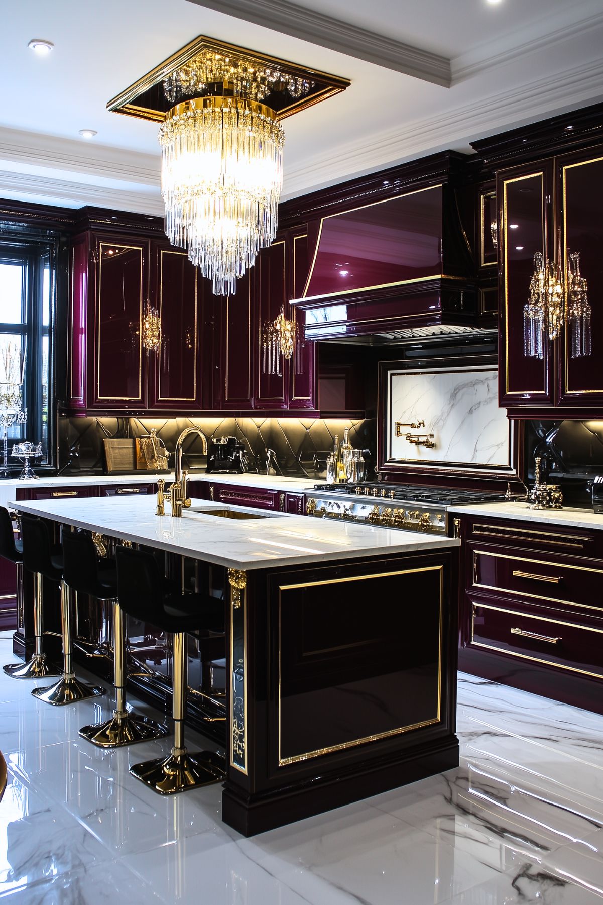 Luxurious kitchen with high-gloss burgundy cabinets, gold accents, a large marble island, and a crystal chandelier. The space features black and gold bar stools, a marble backsplash, and ornate detailing, creating a glamorous and opulent aesthetic.