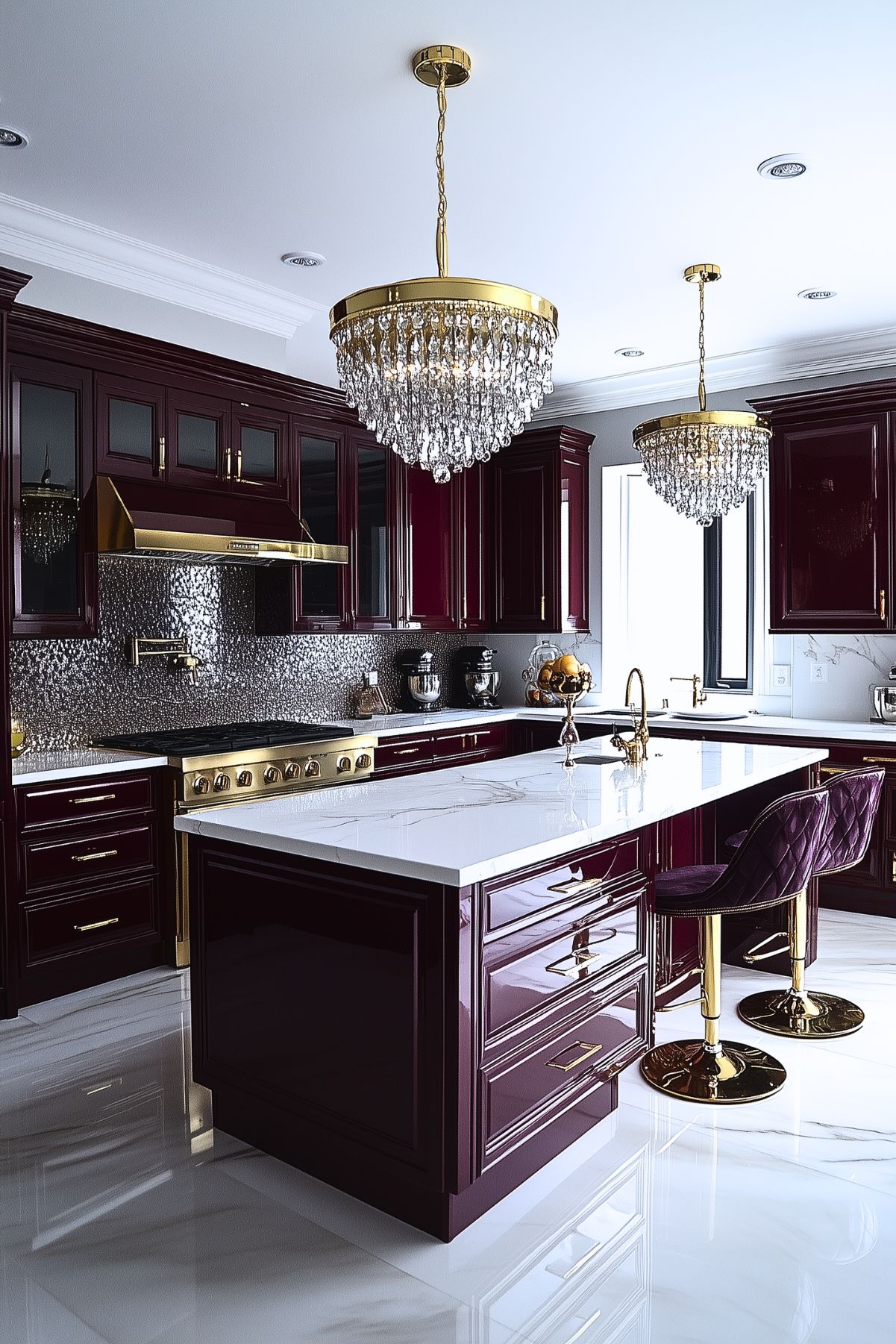 Opulent kitchen featuring high-gloss burgundy cabinets, a white marble island, gold accents, and crystal chandeliers. The space includes a hammered metal backsplash, gold-trimmed range hood, and quilted burgundy bar stools, creating a lavish and sophisticated ambiance.