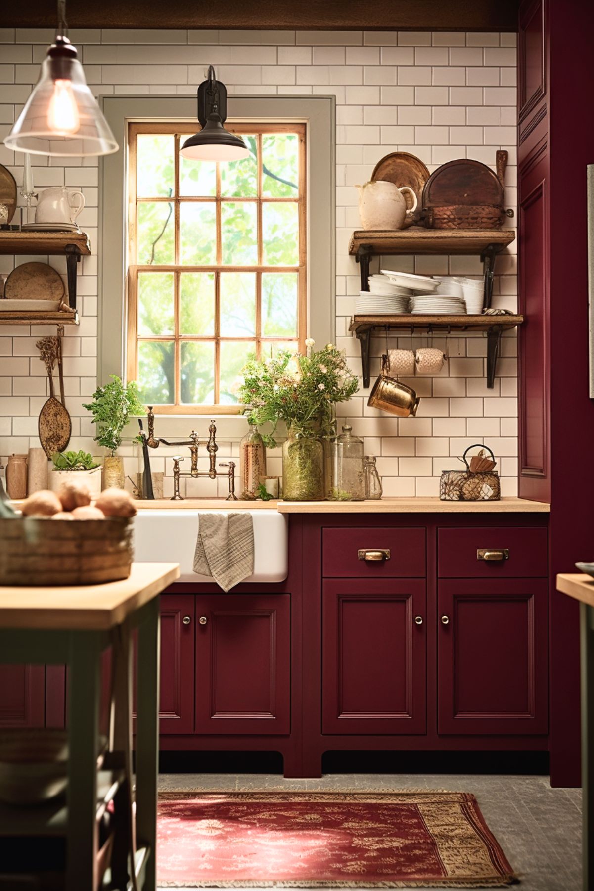 Cozy kitchen with burgundy cabinets, farmhouse sink, butcher block countertops, white subway tile backsplash, open wooden shelves with dishes, vintage brass faucet, and a red patterned rug on tiled floor.