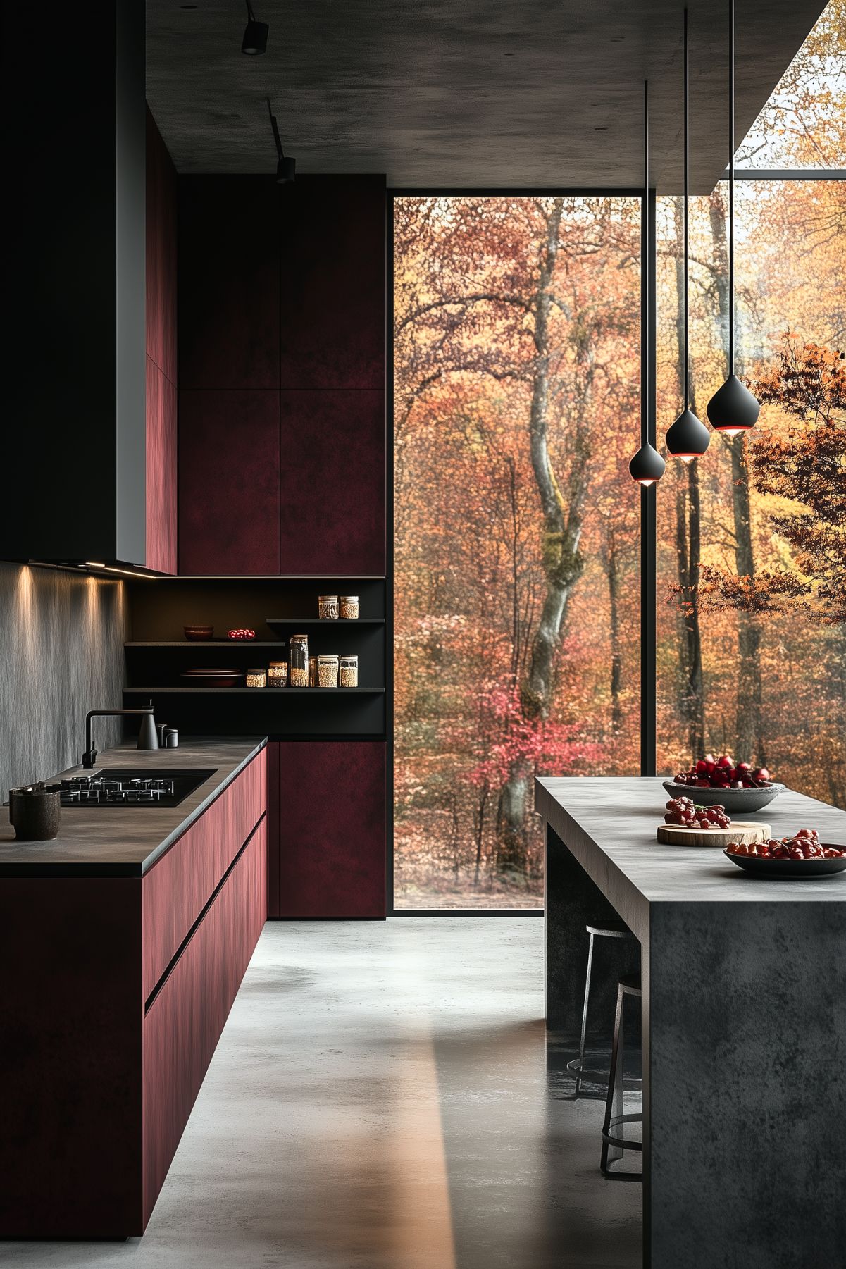 Modern minimalist kitchen with matte burgundy cabinetry, concrete countertops, black fixtures, and large floor-to-ceiling windows showcasing an autumn forest view. The space features pendant lighting, open shelving, and a sleek design focused on simplicity and connection with nature.