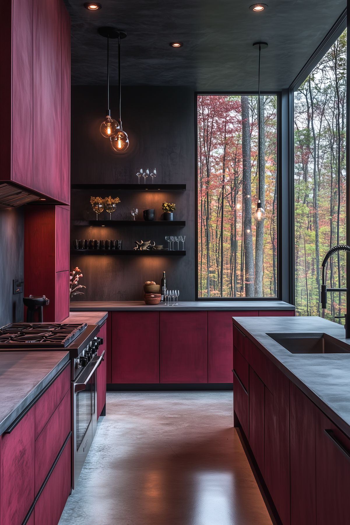 Contemporary kitchen with deep burgundy cabinets, dark walls, and concrete countertops, illuminated by pendant lighting and open shelving for glassware. Large floor-to-ceiling windows reveal a forest view, blending indoor and outdoor spaces in a sleek, minimalist design.