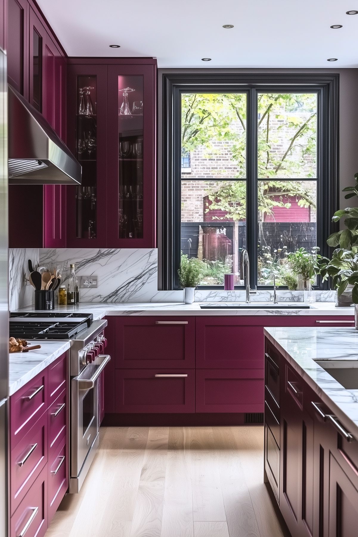 Contemporary kitchen with vibrant burgundy cabinets, marble countertops, and backsplash. A large black-framed window provides natural light and a view of outdoor greenery. The space is complemented by stainless steel appliances and glass-front cabinets displaying glassware, creating a sleek and stylish look.