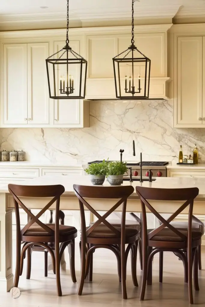 Elegant cream-toned kitchen with a marble backsplash and matching countertops. Features a central island with dark wood cross-back chairs and potted herbs for a touch of greenery. Overhead, two black lantern-style pendant lights add a classic charm to the space.