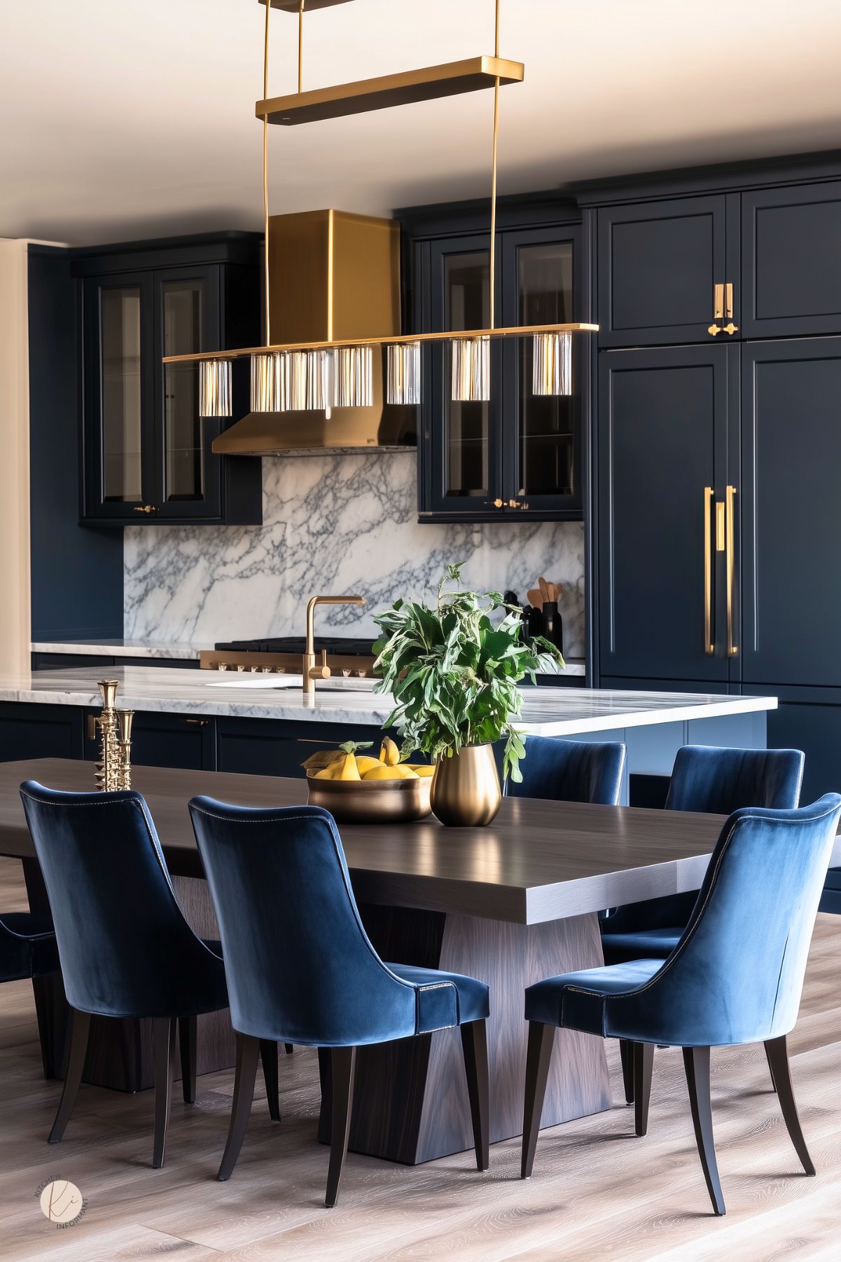 Elegant kitchen with navy cabinets, gold hardware, marble backsplash, velvet dining chairs, and a modern gold chandelier for a luxurious feel.